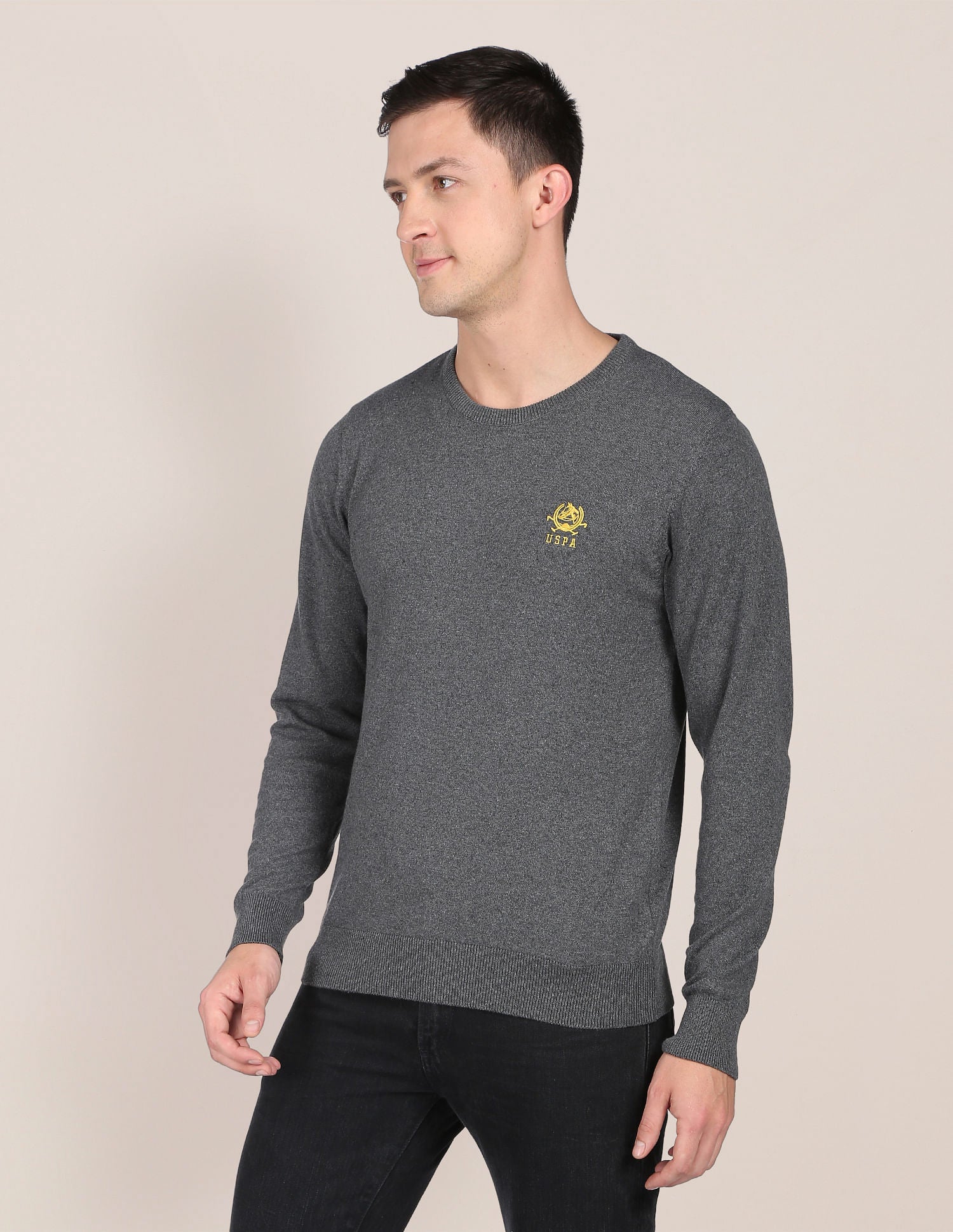 Crew Neck Heathered Sweater Grey - U.S. POLO ASSN. | Large