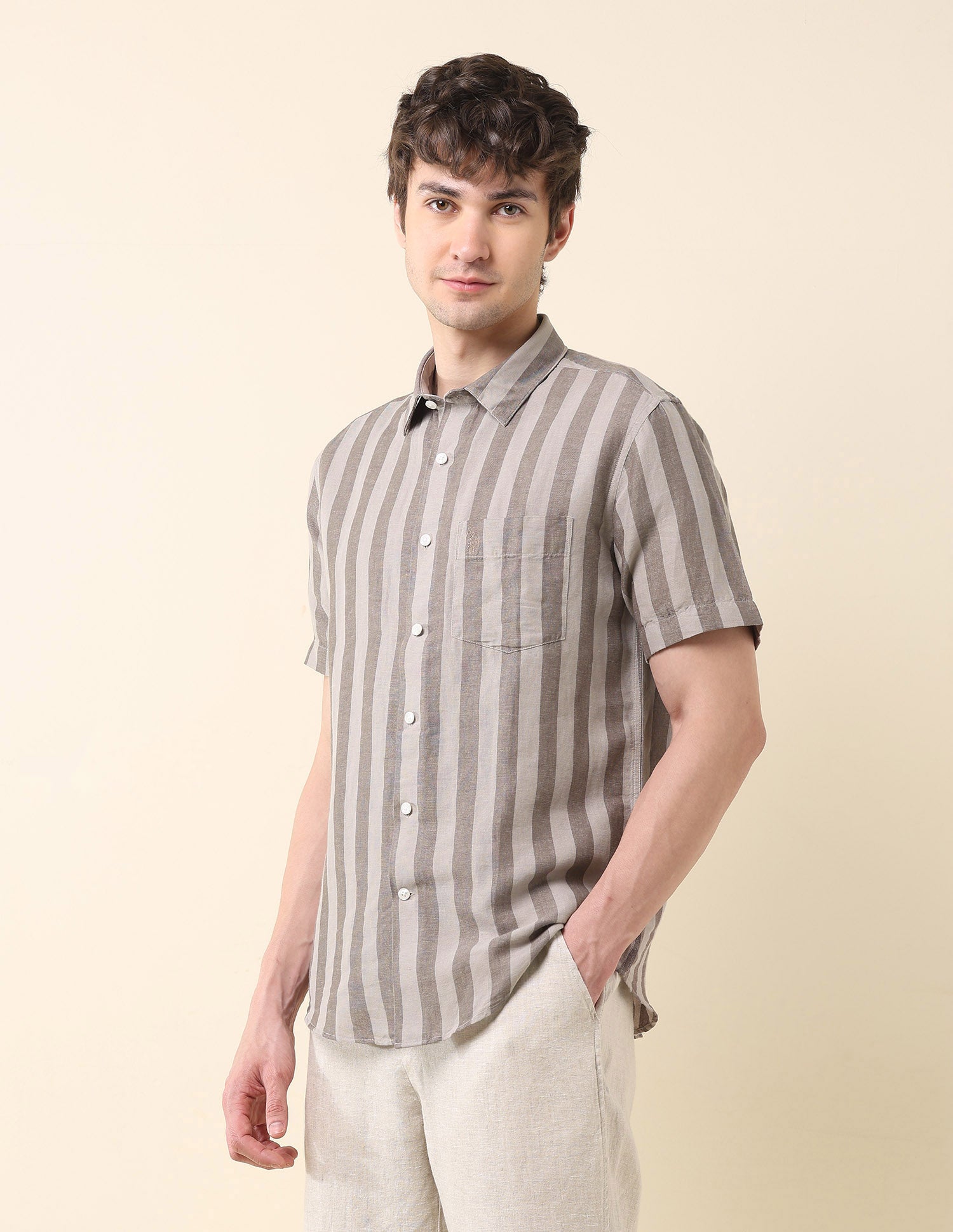 Vertical Striped Tailored Fit Ctm Shirt Khaki - U.S. Polo Assn. India | Large