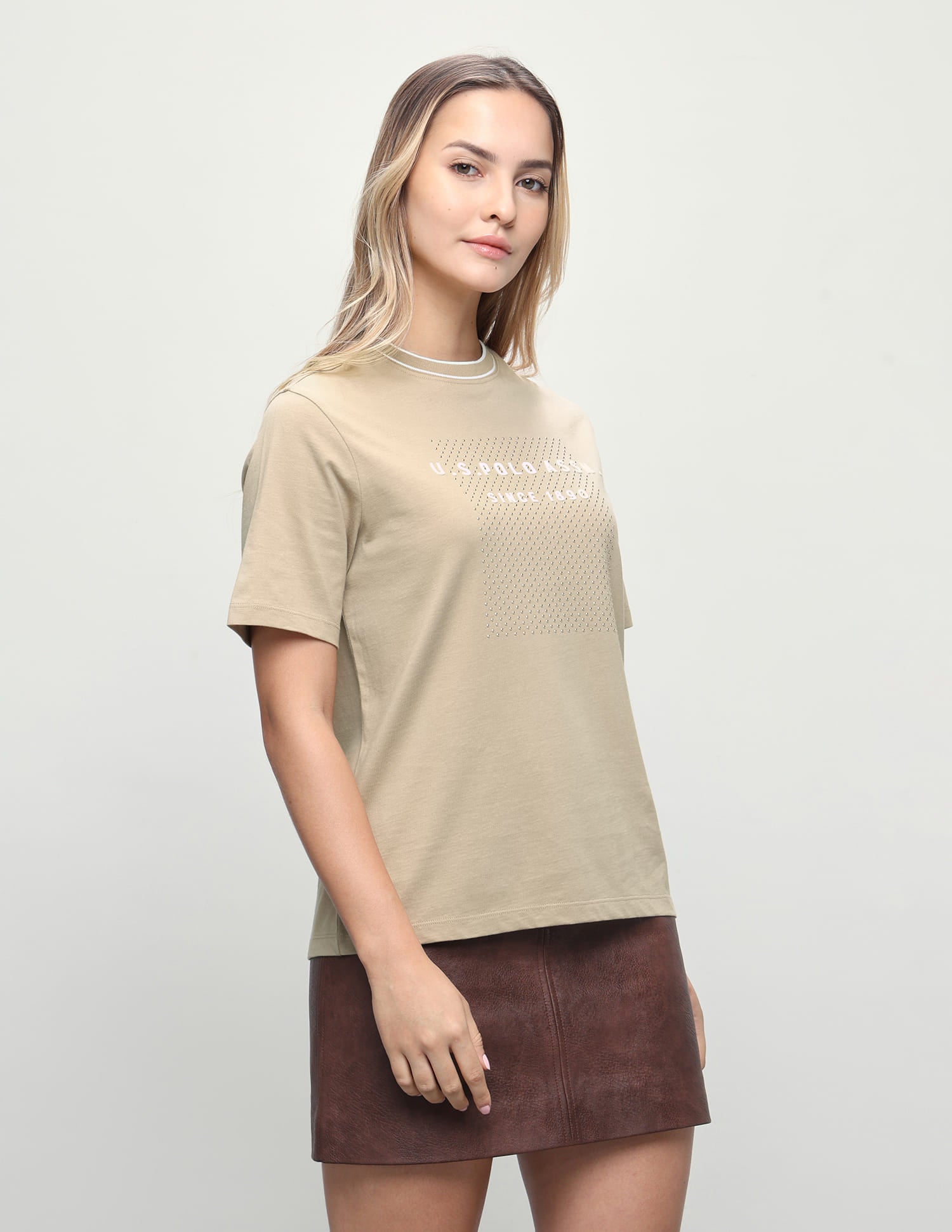 Brand Embossed Boxy Fit Studded T-Shirt Ecru - U.S. Polo Assn. India | Large