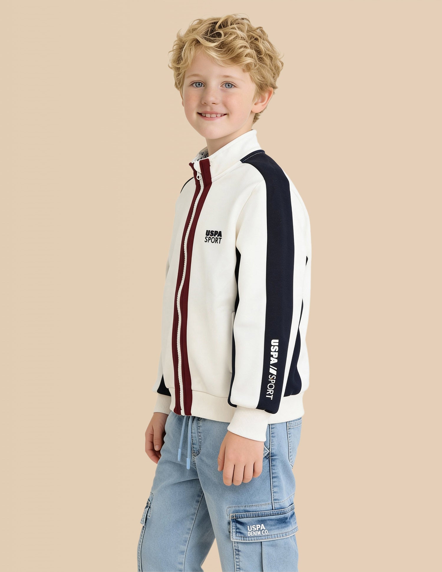 Boys Colour Blocked Regular Fit Sweatshirt Off White - U.S. Polo Assn. India | Large