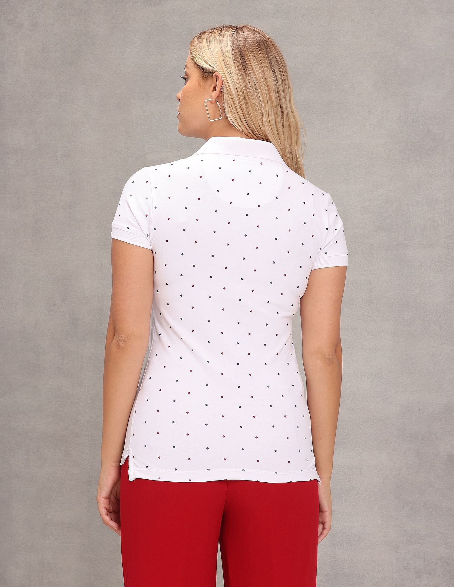 Ribbed Collar Polka Dot Polo Shirt White - U.S. POLO ASSN. | Large