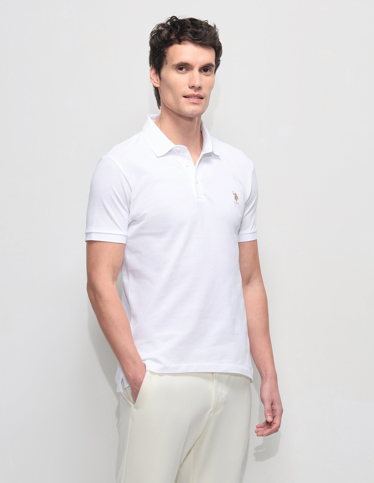 Solid Slim Fit Polo Shirt Off White - U.S. Polo Assn. India | Large