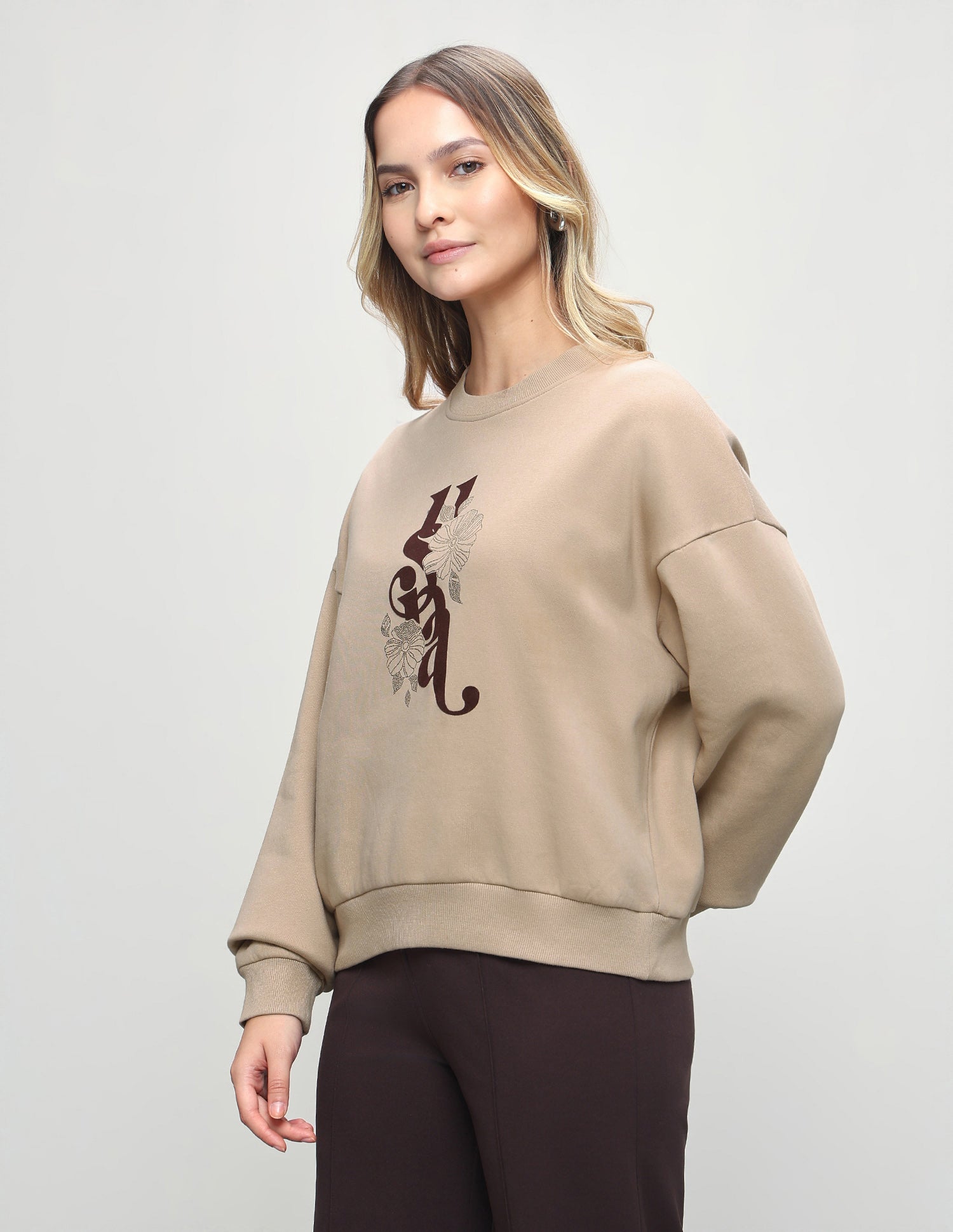 Brand Floral Embellished Oversized Fit Sweatshirt Beige - U.S. Polo Assn. India | Large