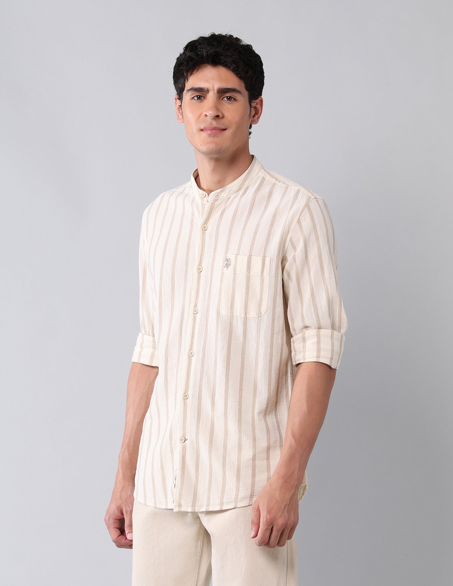 Vertical Striped Pure Cotton Shirt Ecru - U.S. Polo Assn. India | Large