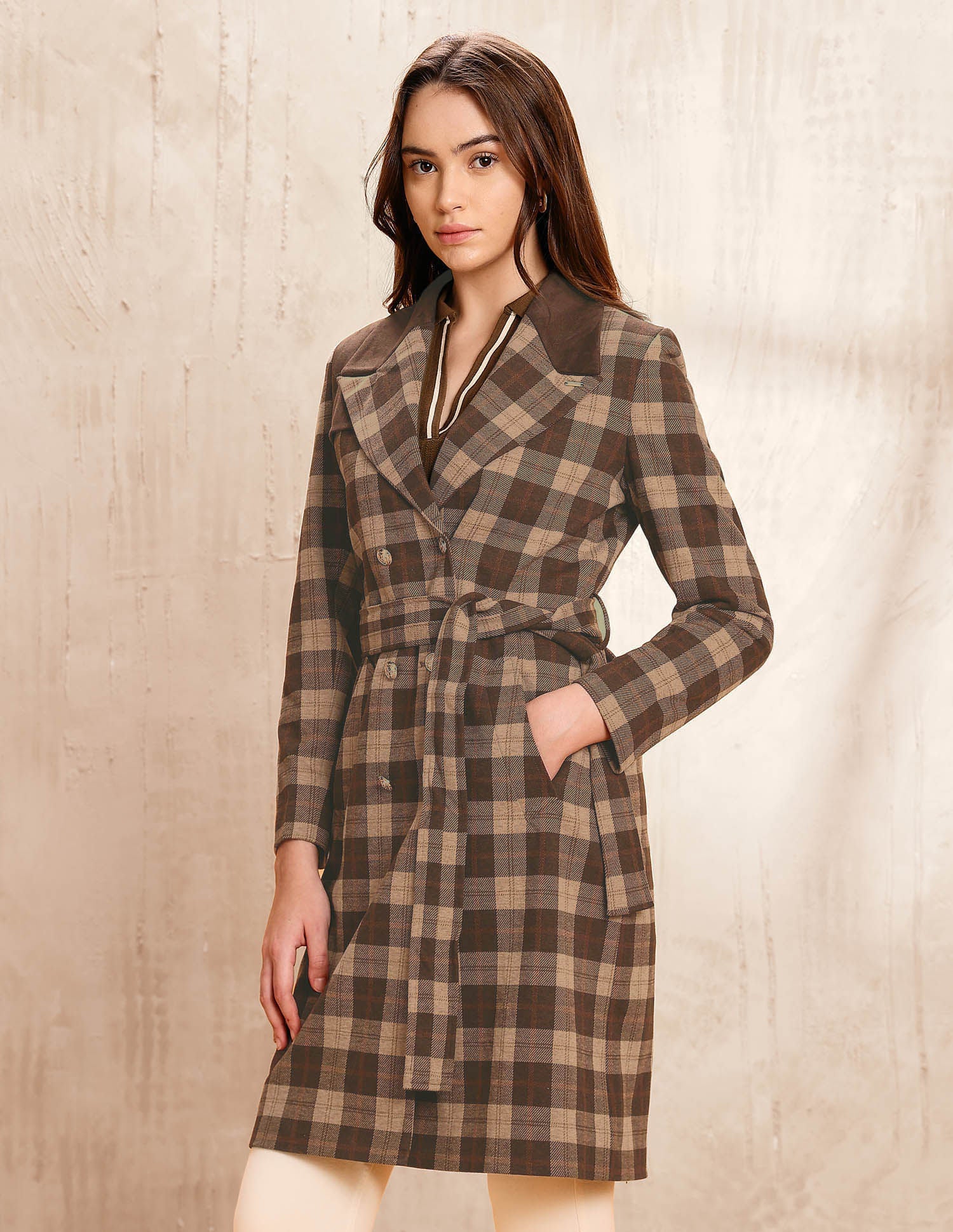 Checked Double Breasted Notch Lapel Trench Coat Brown - U.S. POLO ASSN. | Large