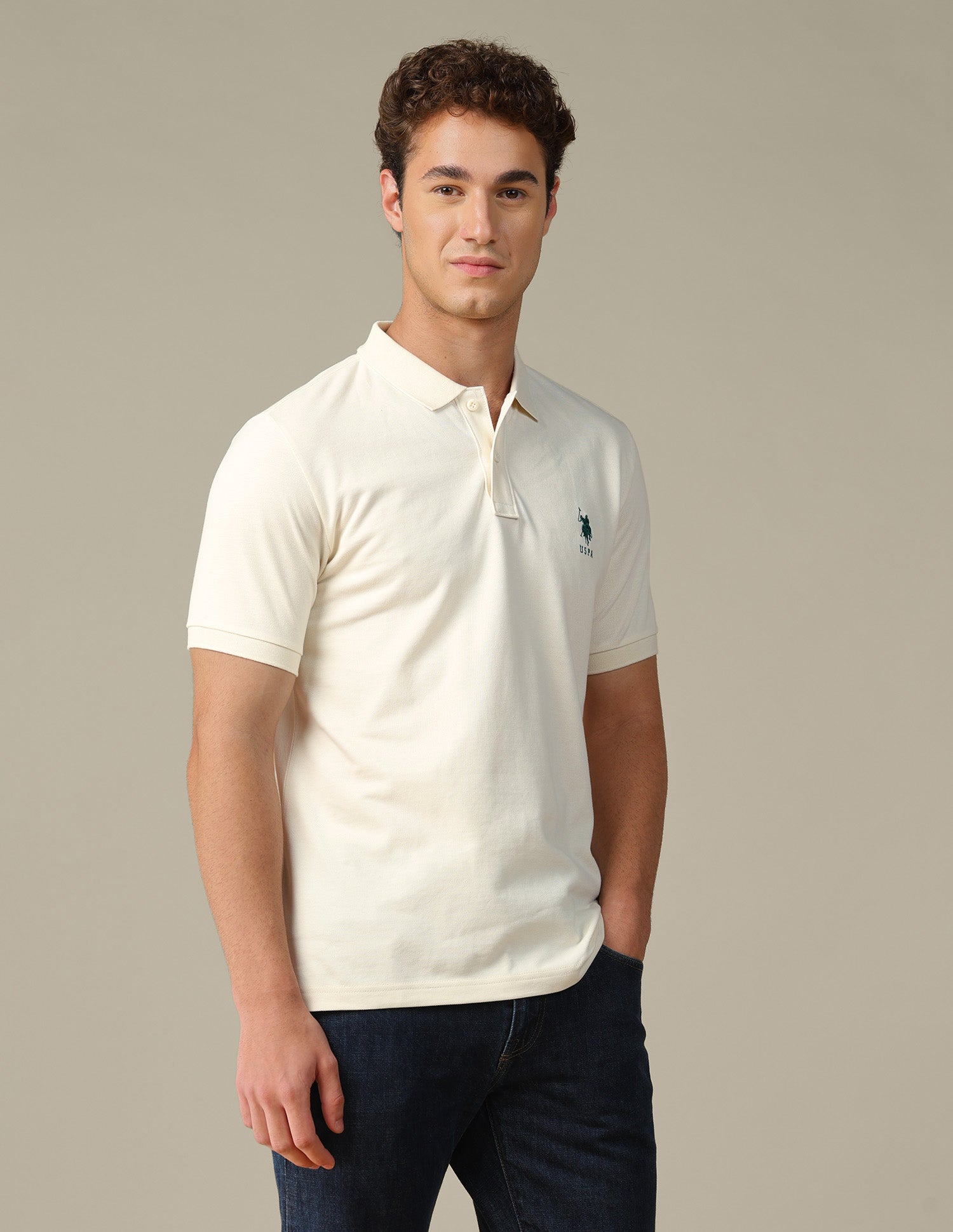 Graphic Brand Printed Regular Fit Polo Shirt Off White - U.S. Polo Assn. India | Large