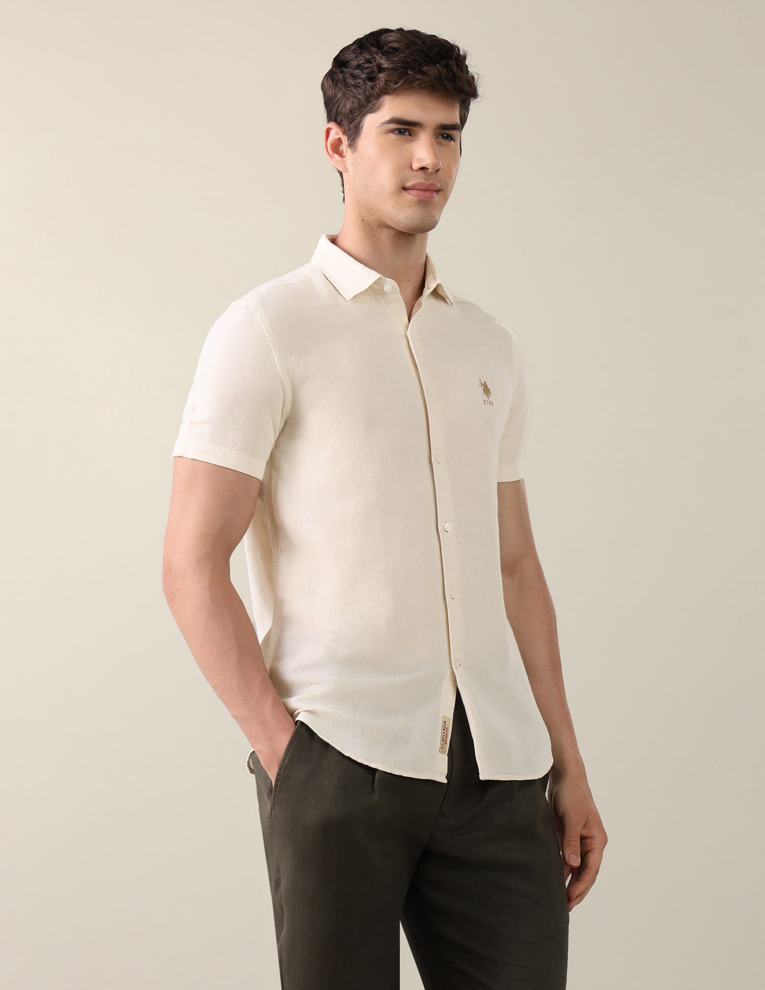 Solid Regular Fit Shirt Beige - U.S. Polo Assn. India | Large
