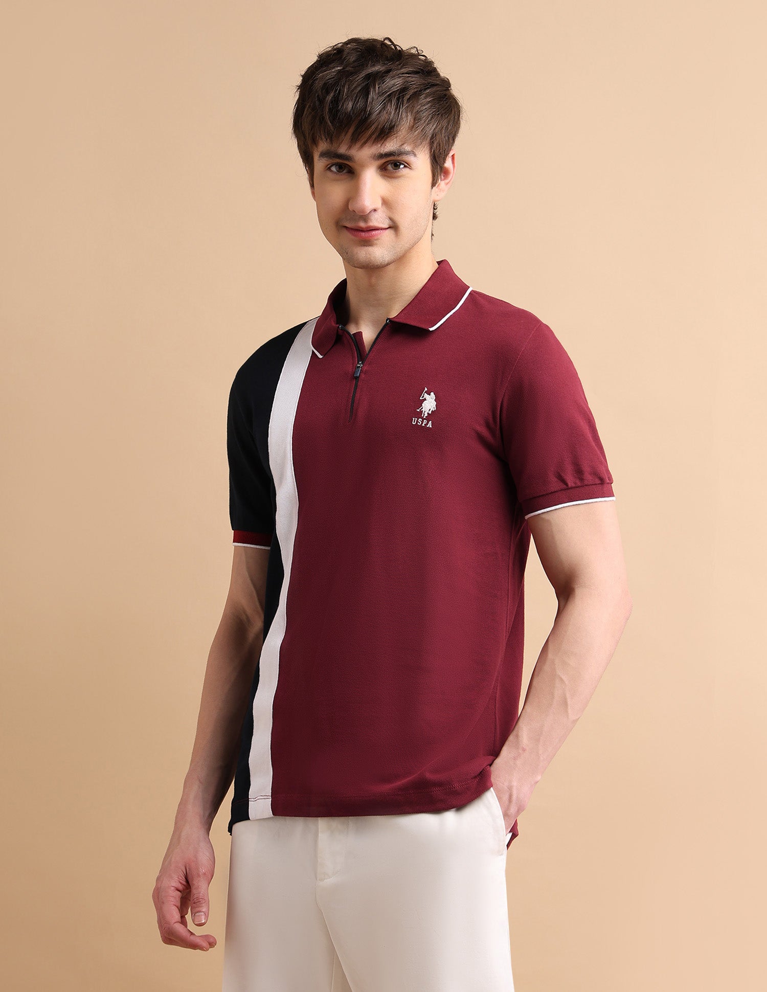 Colour Block Zipper Polo Shirt Maroon - U.S. POLO ASSN. | Large