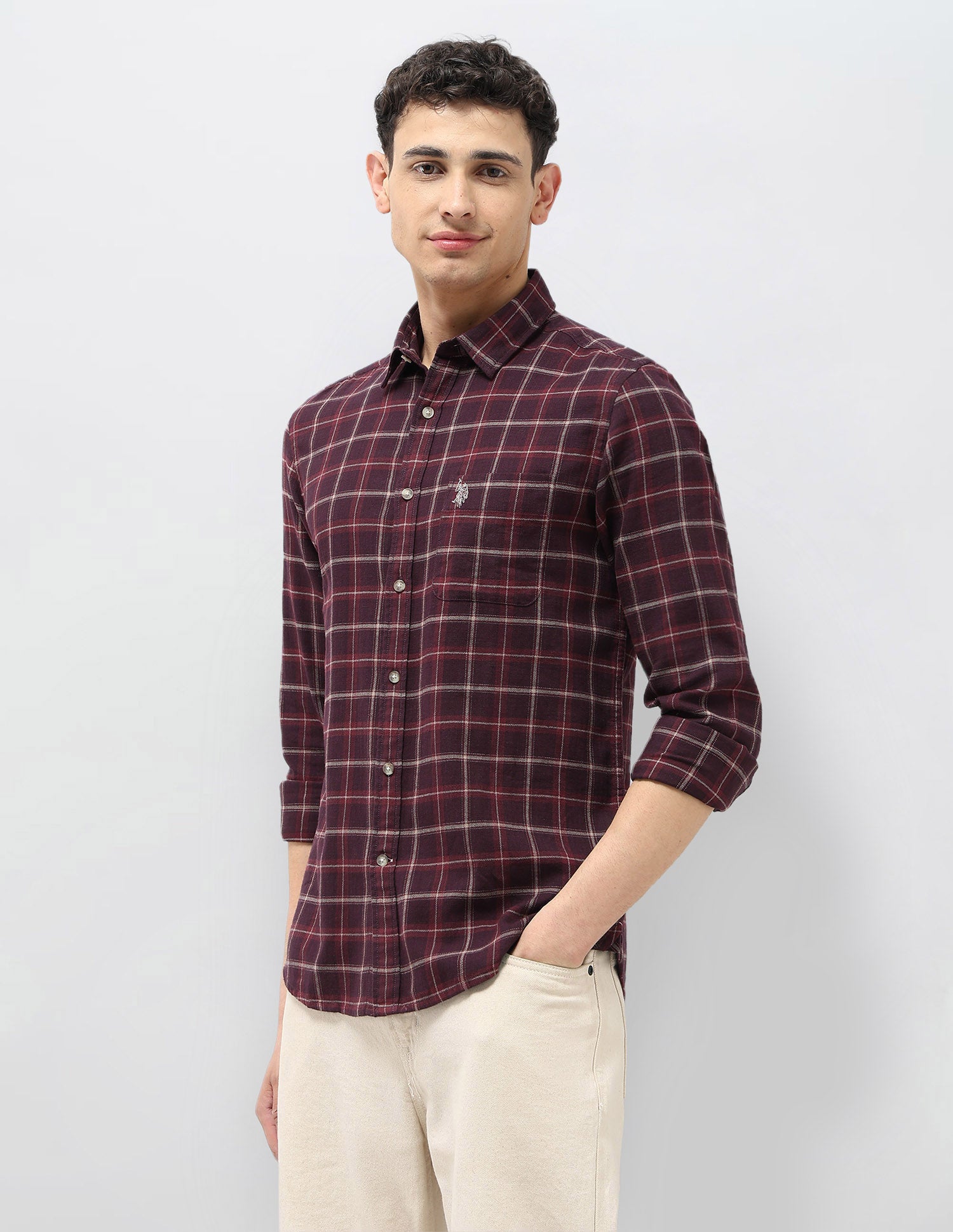 Grid Tattersall Checked Herringbone Shirt Wine - U.S. POLO ASSN. | Large