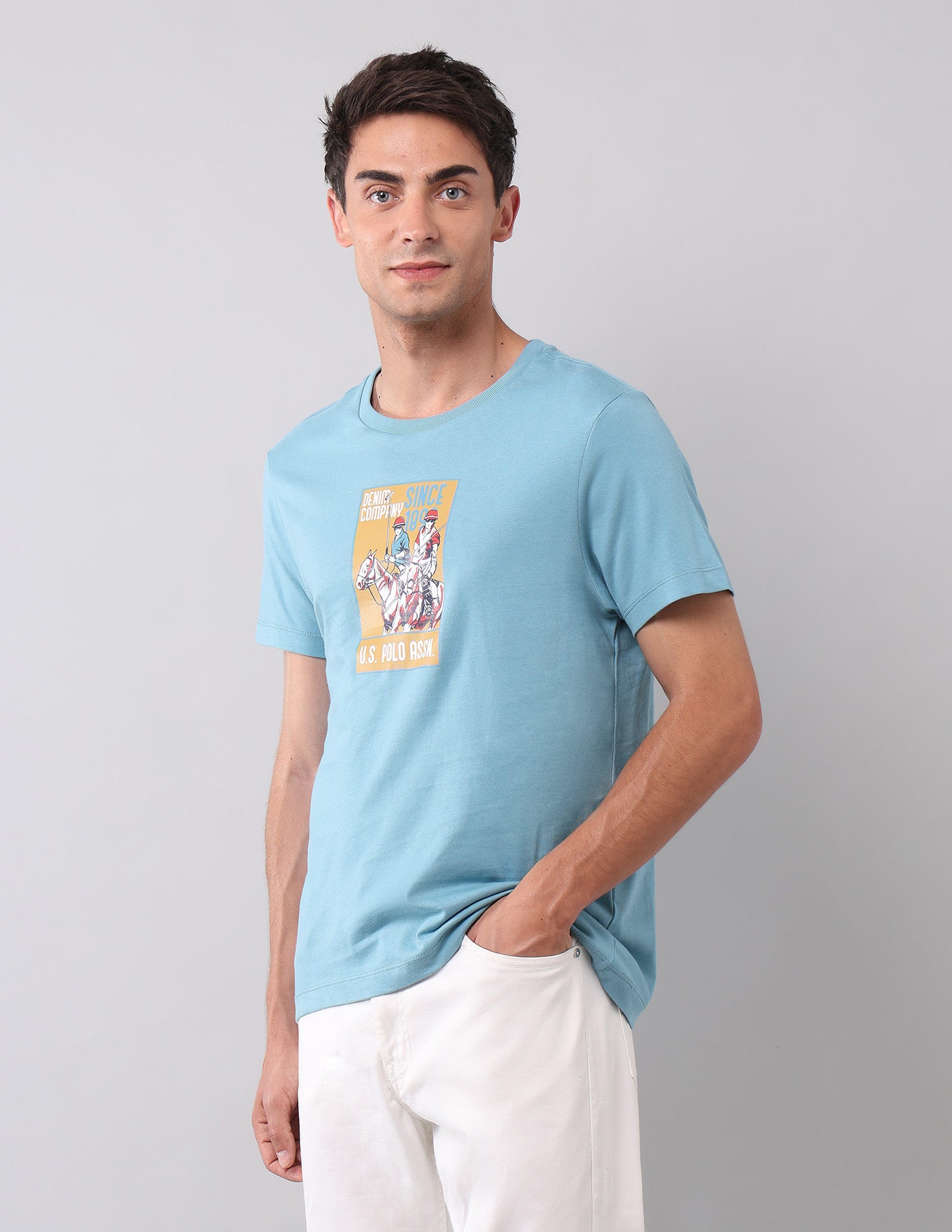 Graphic Printed Muscle Fit T-Shirt Light Blue - U.S. Polo Assn. India | Large