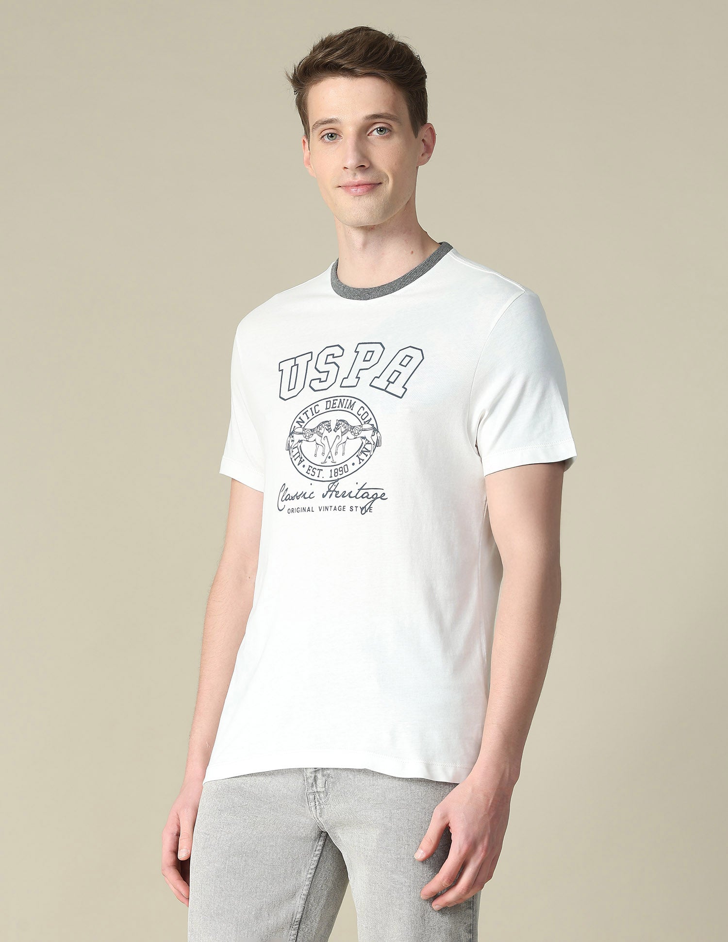 Graphic Brand Printed Slim Fit T-Shirt Ivory - U.S. Polo Assn. India | Large