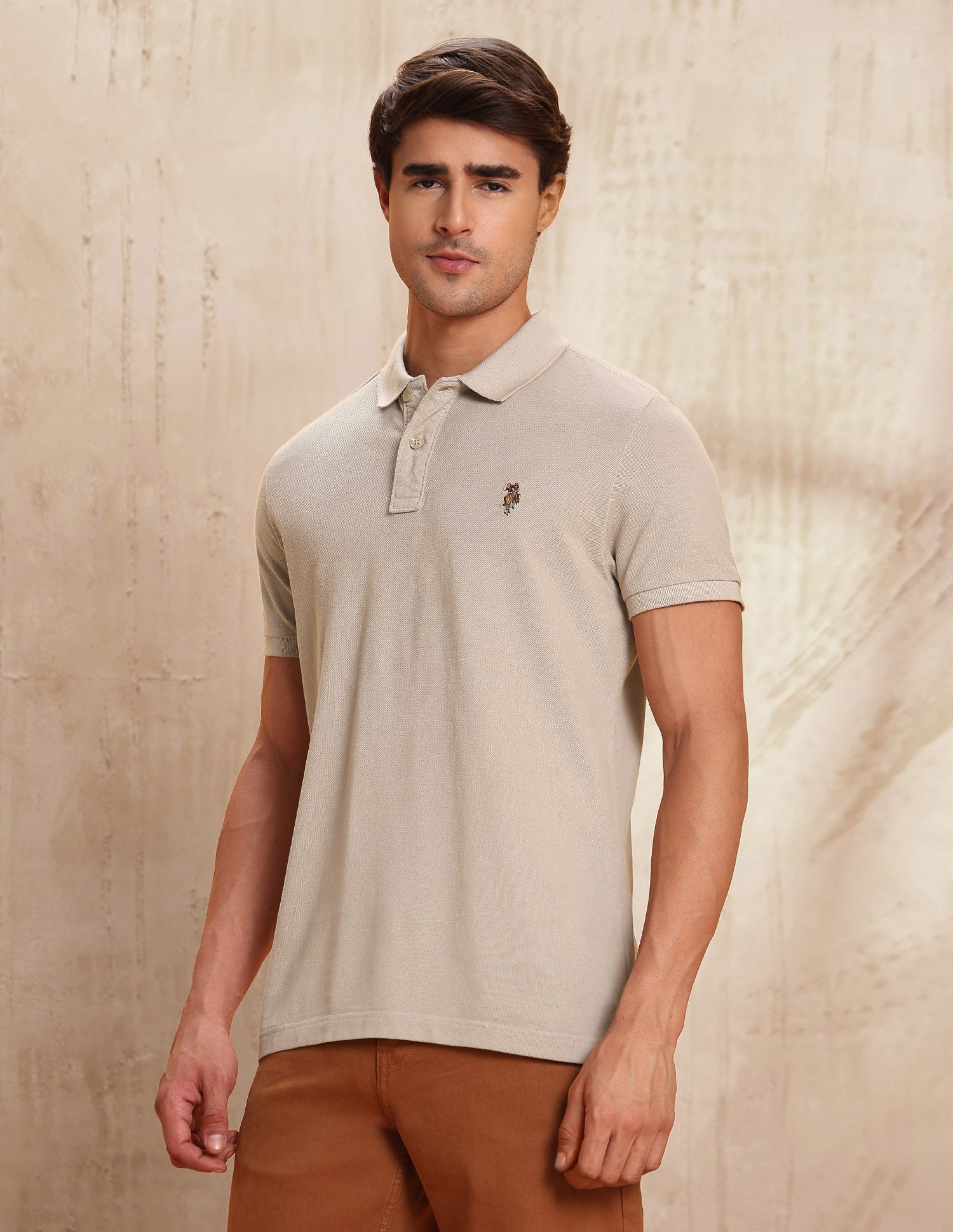 Textured Muscle Fit Polo Shirt Beige - U.S. POLO ASSN. | Large