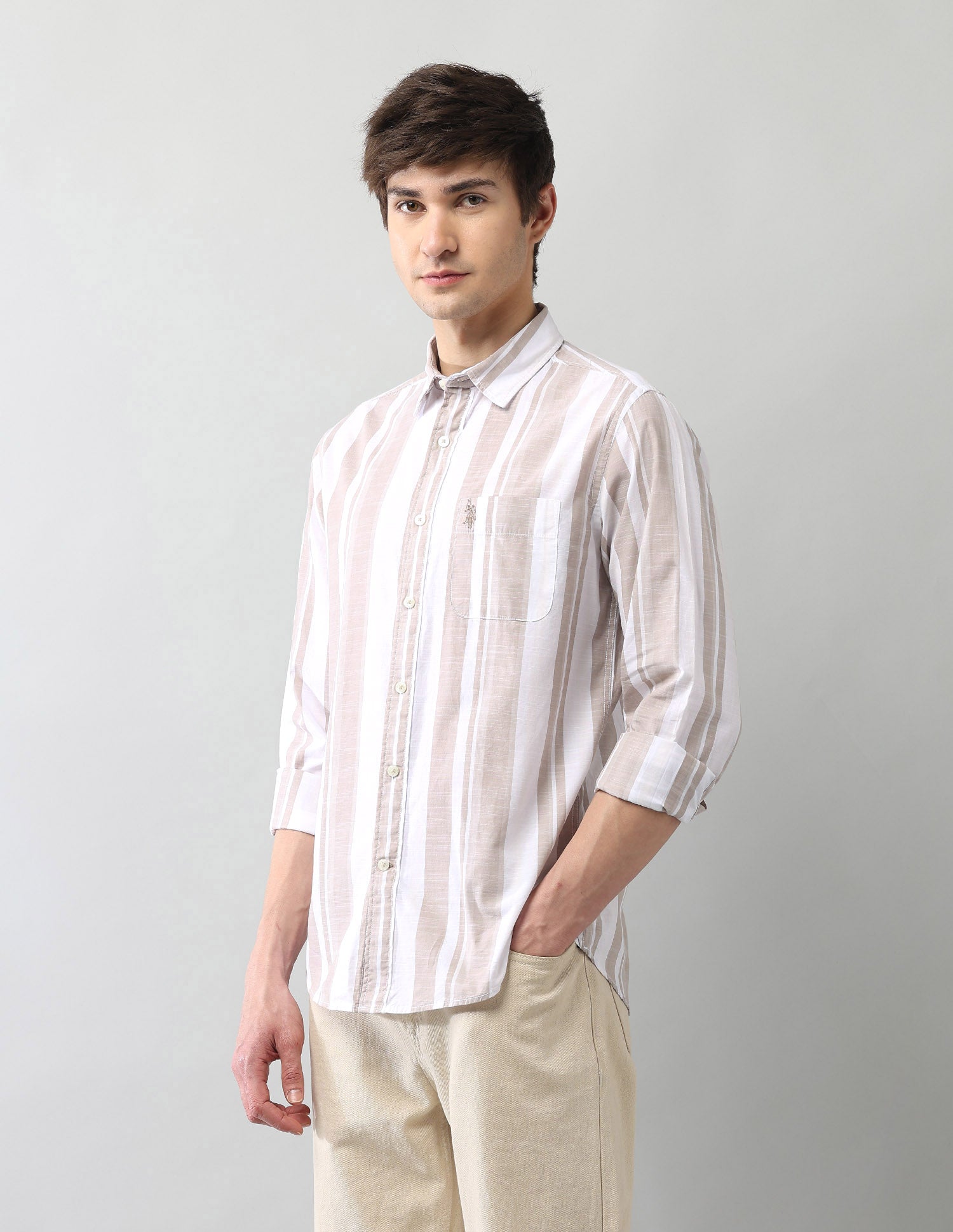 Vertical Striped Cotton Poplin Shirt Khaki - U.S. Polo Assn. India | Large