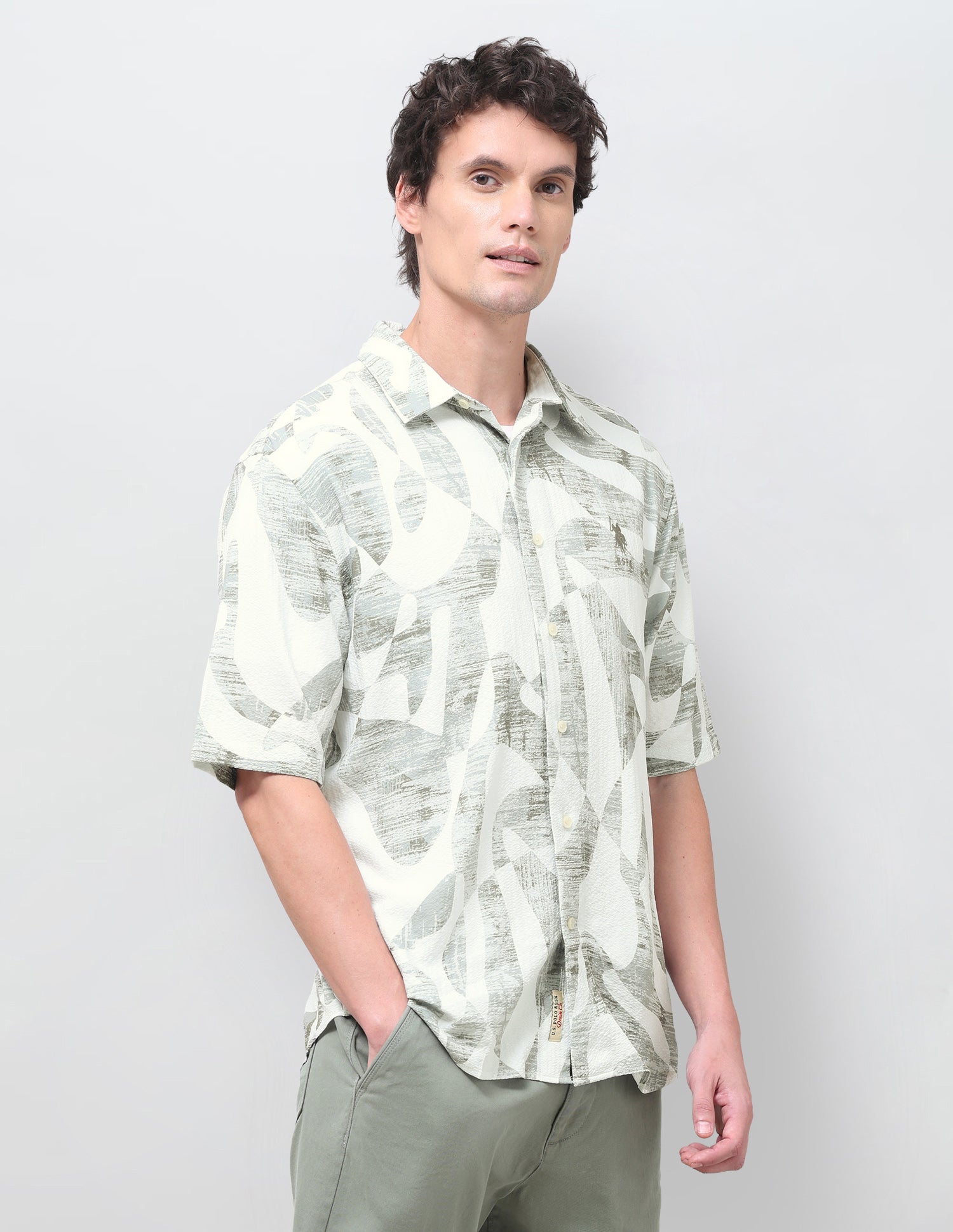 Abstract Printed Seersucker Shirt Light Green - U.S. Polo Assn. India | Large