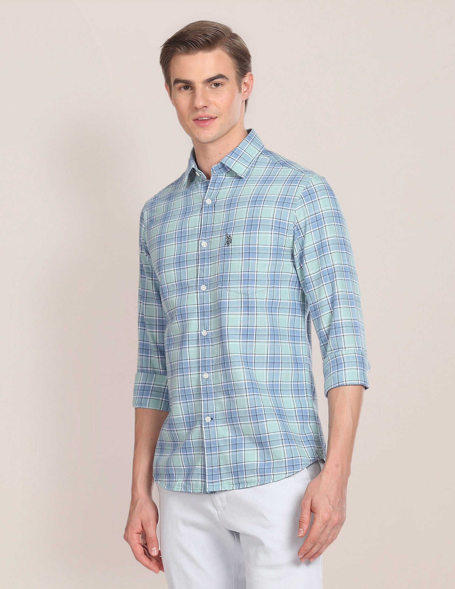 Tartan Check Tailored Fit Shirt Light Green - U.S. Polo Assn. India | Large
