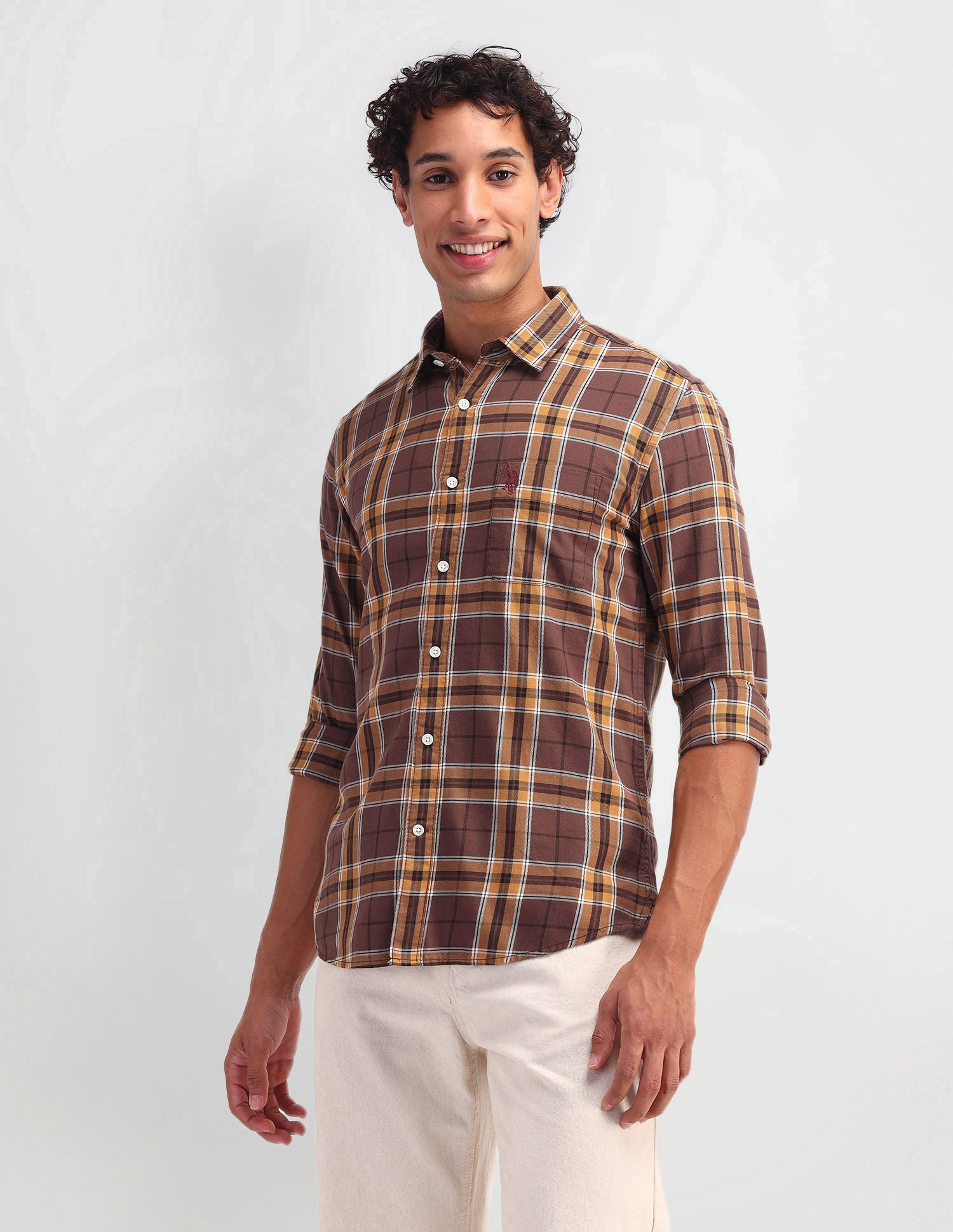 Slim Fit Madras Checked Shirt Ochre - U.S. Polo Assn. India | Large