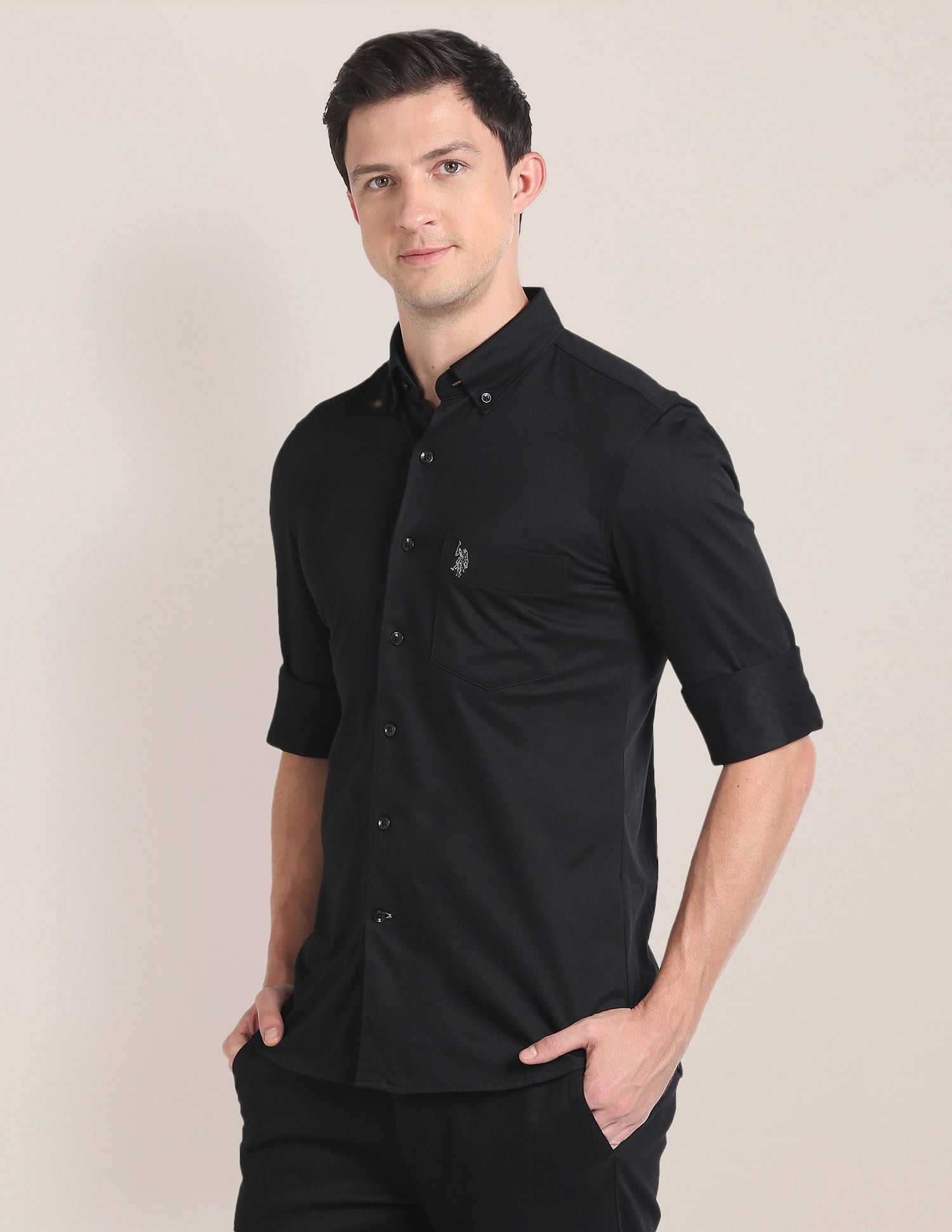 Solid Button Down Collar Shirt Black - U.S. Polo Assn. India | Large