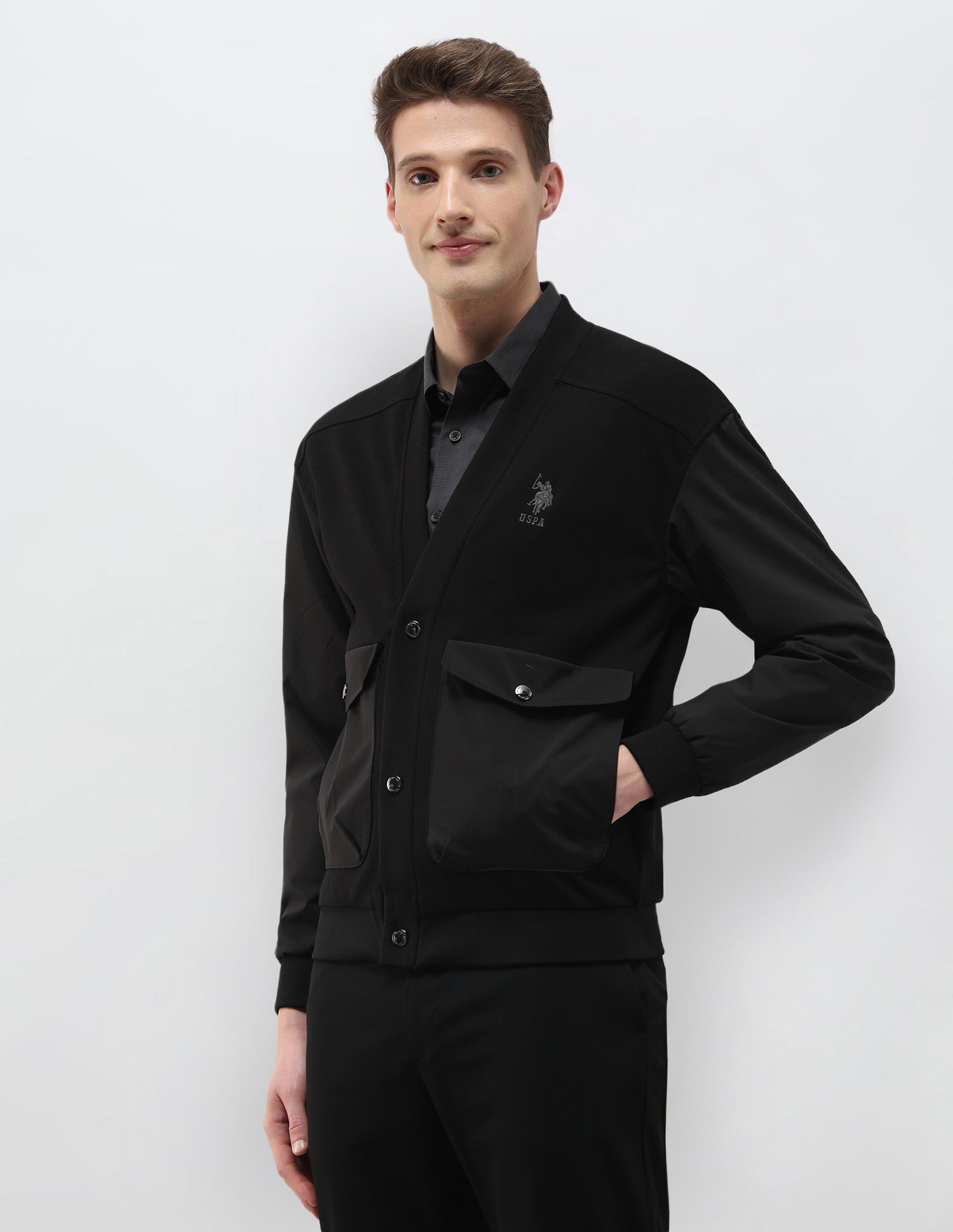 Solid Regular Fit Bomber Jacket Black - U.S. Polo Assn. India | Large