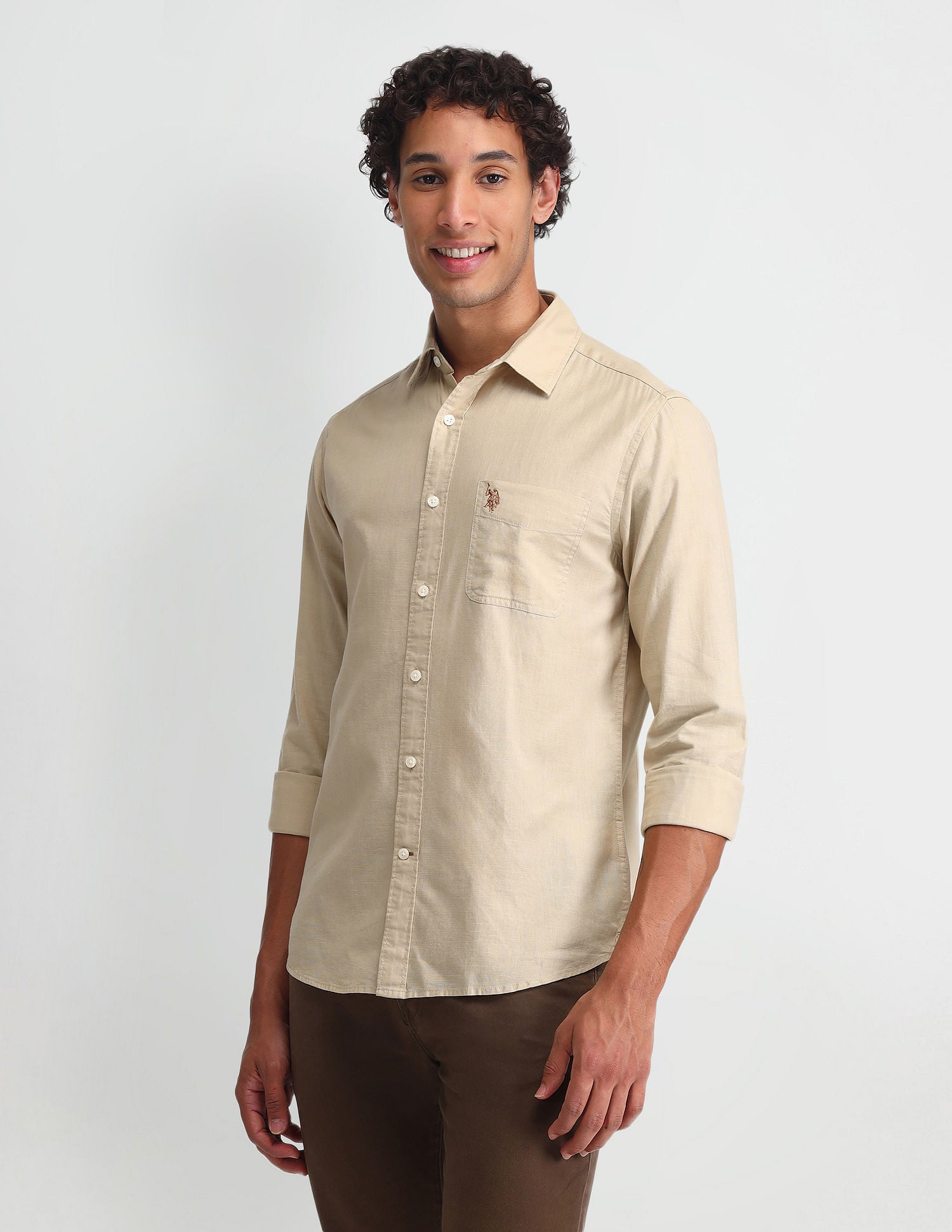 Slim Fit Solid Twill Shirt Khaki - U.S. Polo Assn. India | Large