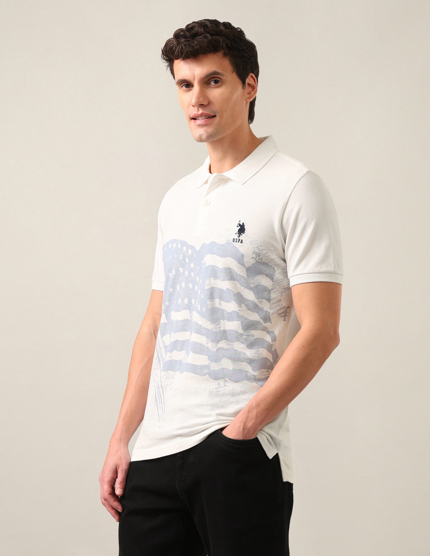 Graphic Printed Slim Fit Polo Shirt Ivory - U.S. Polo Assn. India | Large