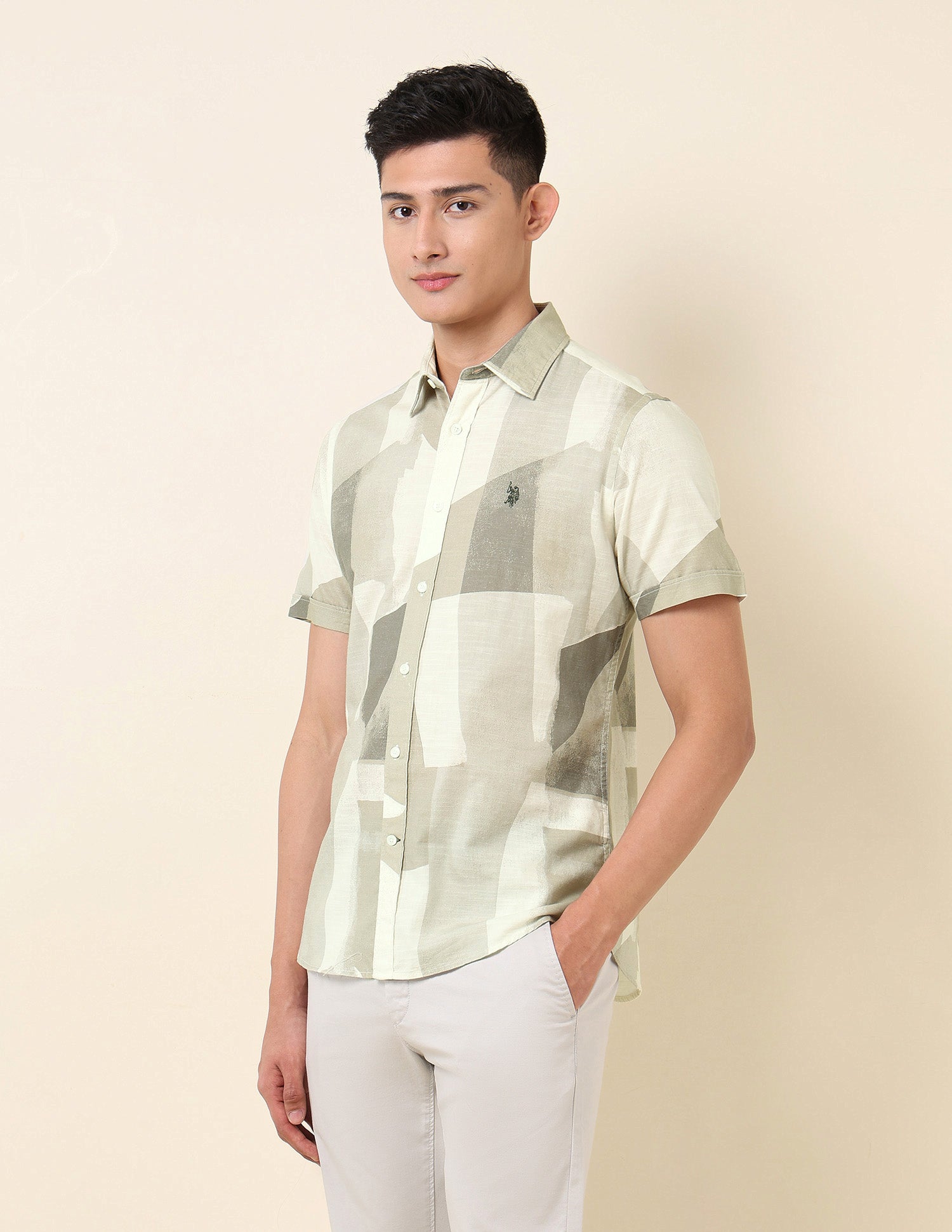Abstract Printed Pure Cotton Shirt Olive - U.S. POLO ASSN. | Large