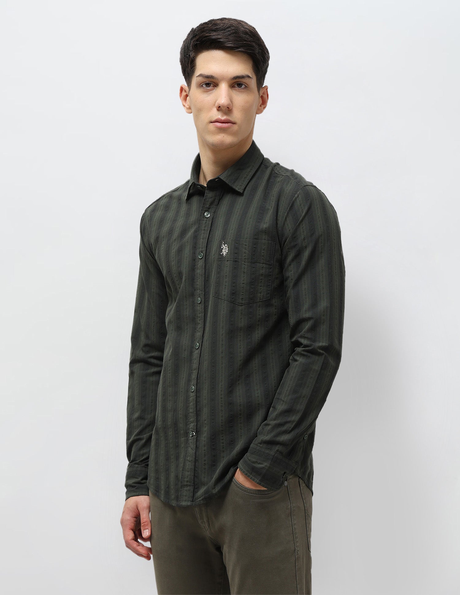 Vertical Striped Seersucker Shirt Olive - U.S. Polo Assn. India | Large