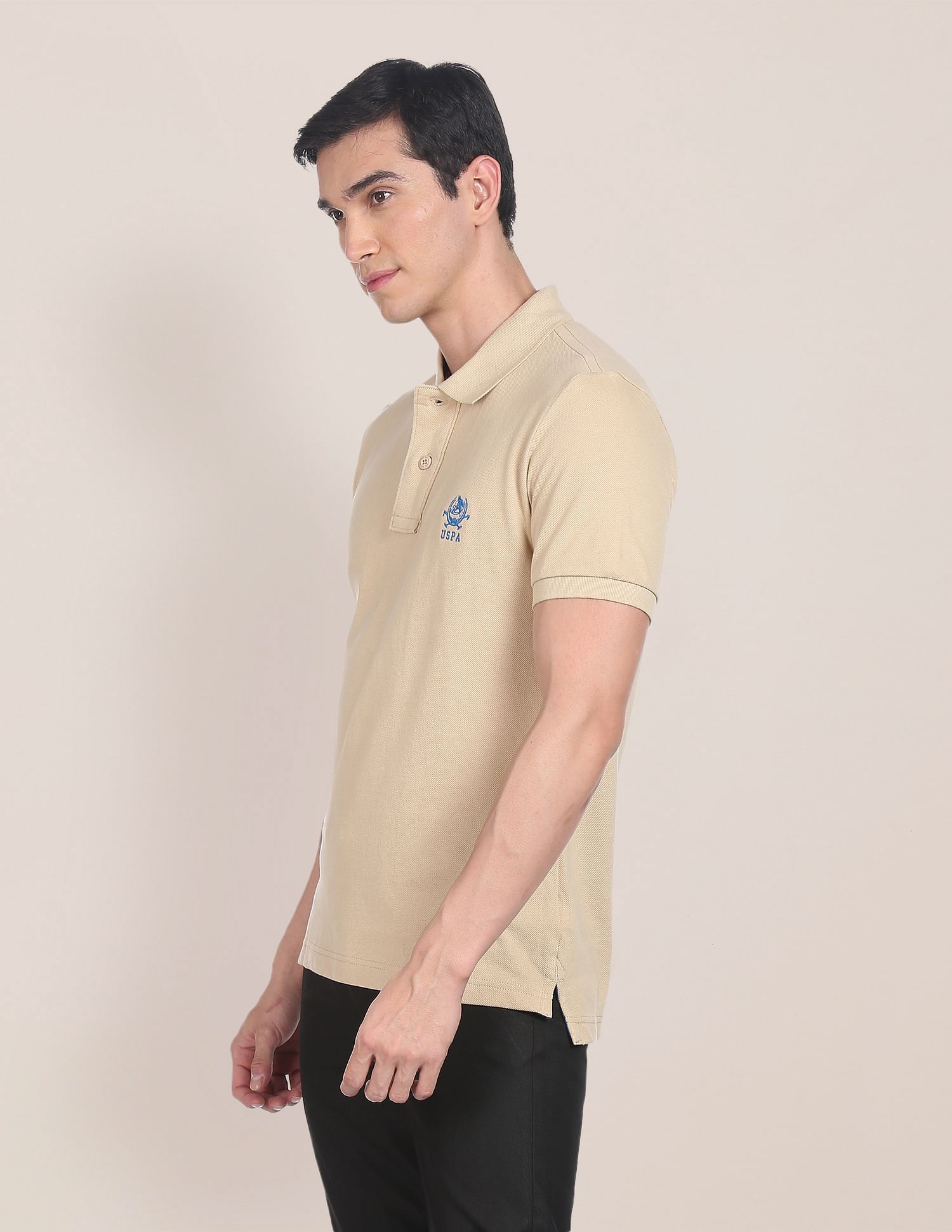 Pure Cotton Solid Pique Polo Shirt Beige - U.S. Polo Assn. India | Large