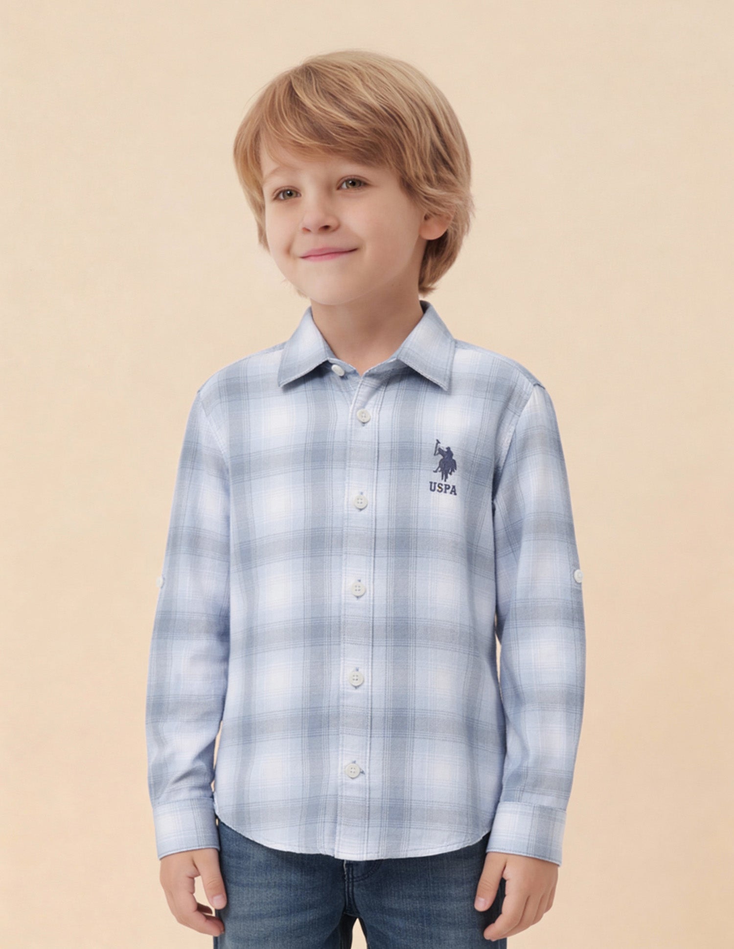 Boys Tartan Checked Pattern Twill Shirt Light Blue - U.S. Polo Assn. India | Large