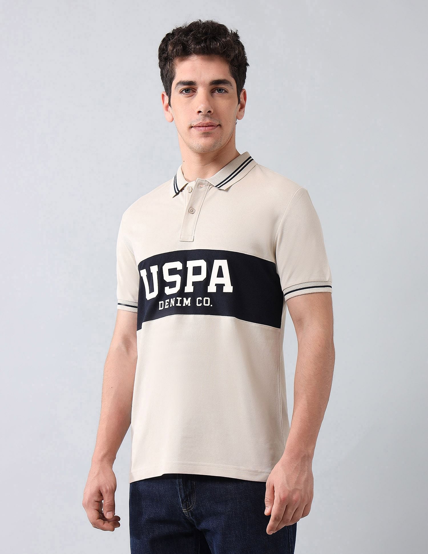 Muscle Fit Brand Printed Polo Shirt Beige - U.S. Polo Assn. India | Large