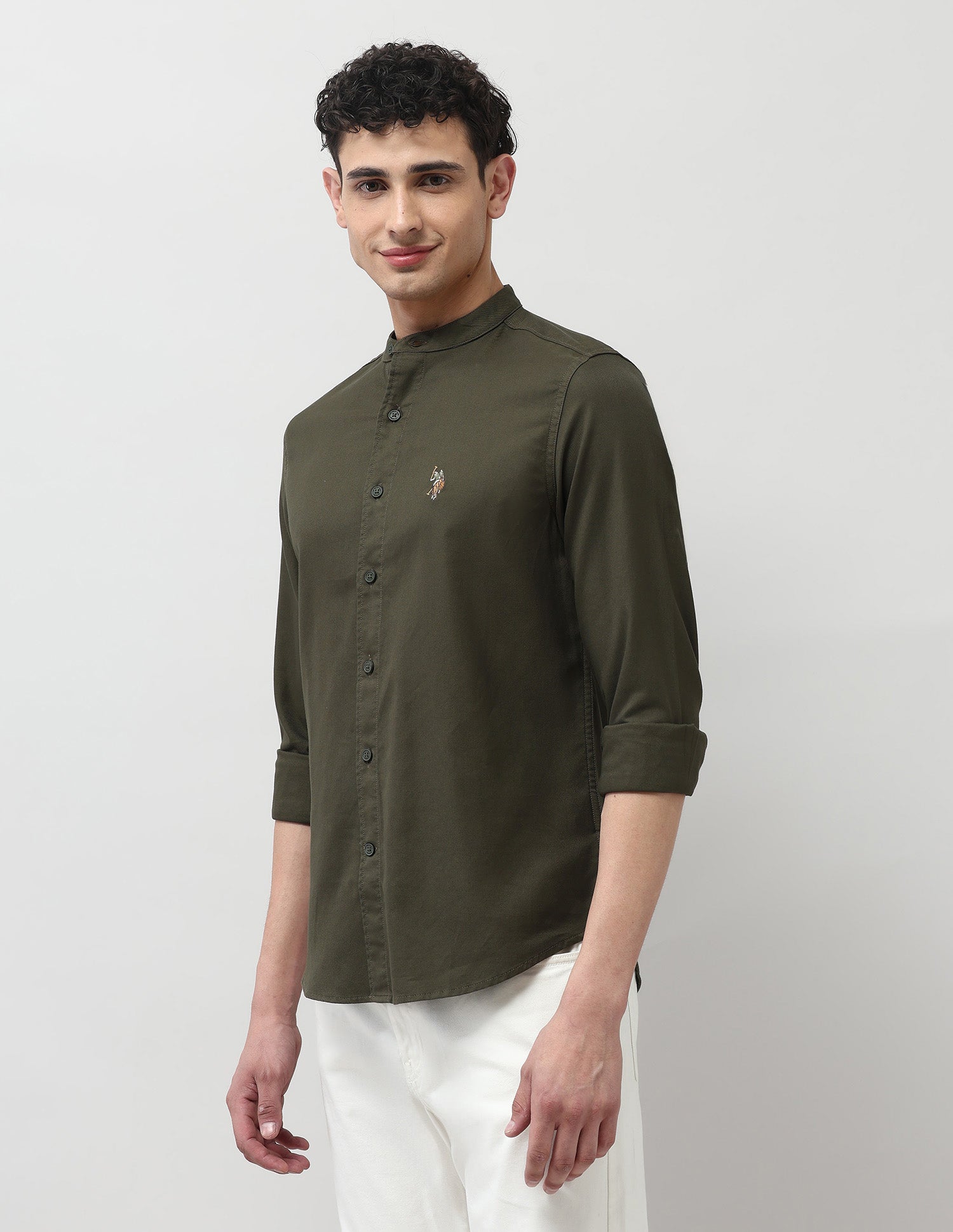Twill Pure Cotton Mandarin Shirt Dark Olive - U.S. POLO ASSN. | Large