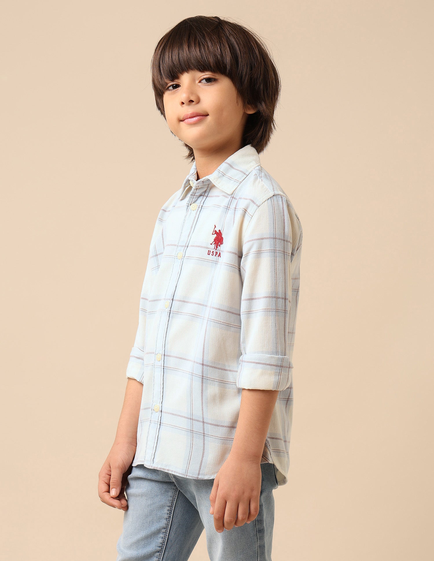 Boys Plaid Checked Corduroy Shirt Off White - U.S. POLO ASSN. | Large