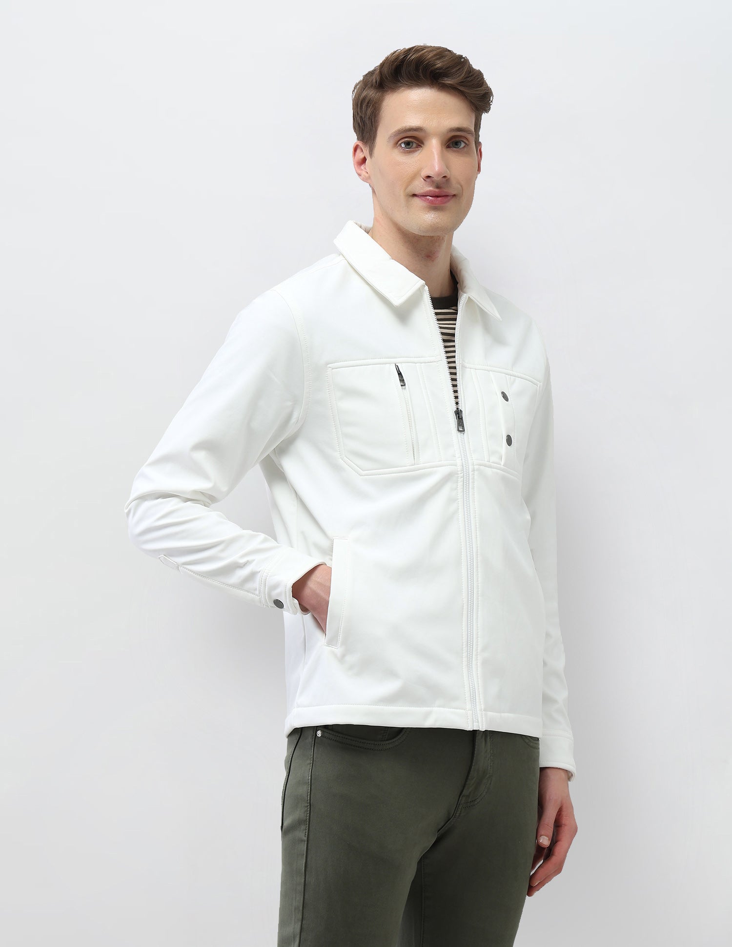 Solid Regular Fit Jacket Off White - U.S. Polo Assn. India | Large