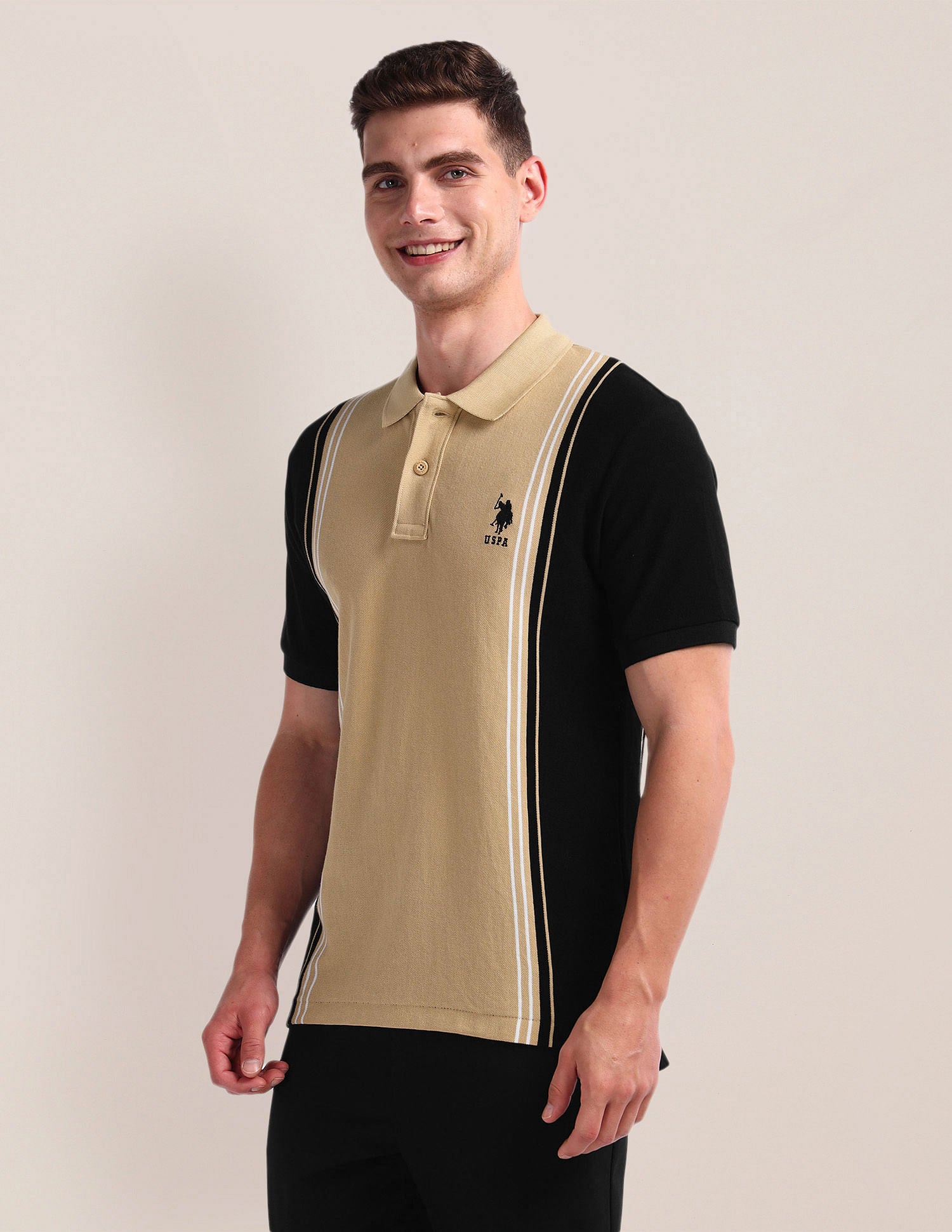 Colour Block Pique Polo Shirt Beige and Black - U.S. Polo Assn. India | Large