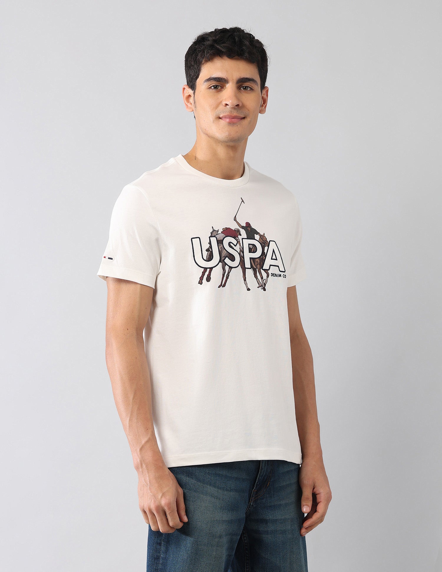 Brand Embroidered Muscle Fit Colligiate T-Shirt Ivory - U.S. Polo Assn. India | Large