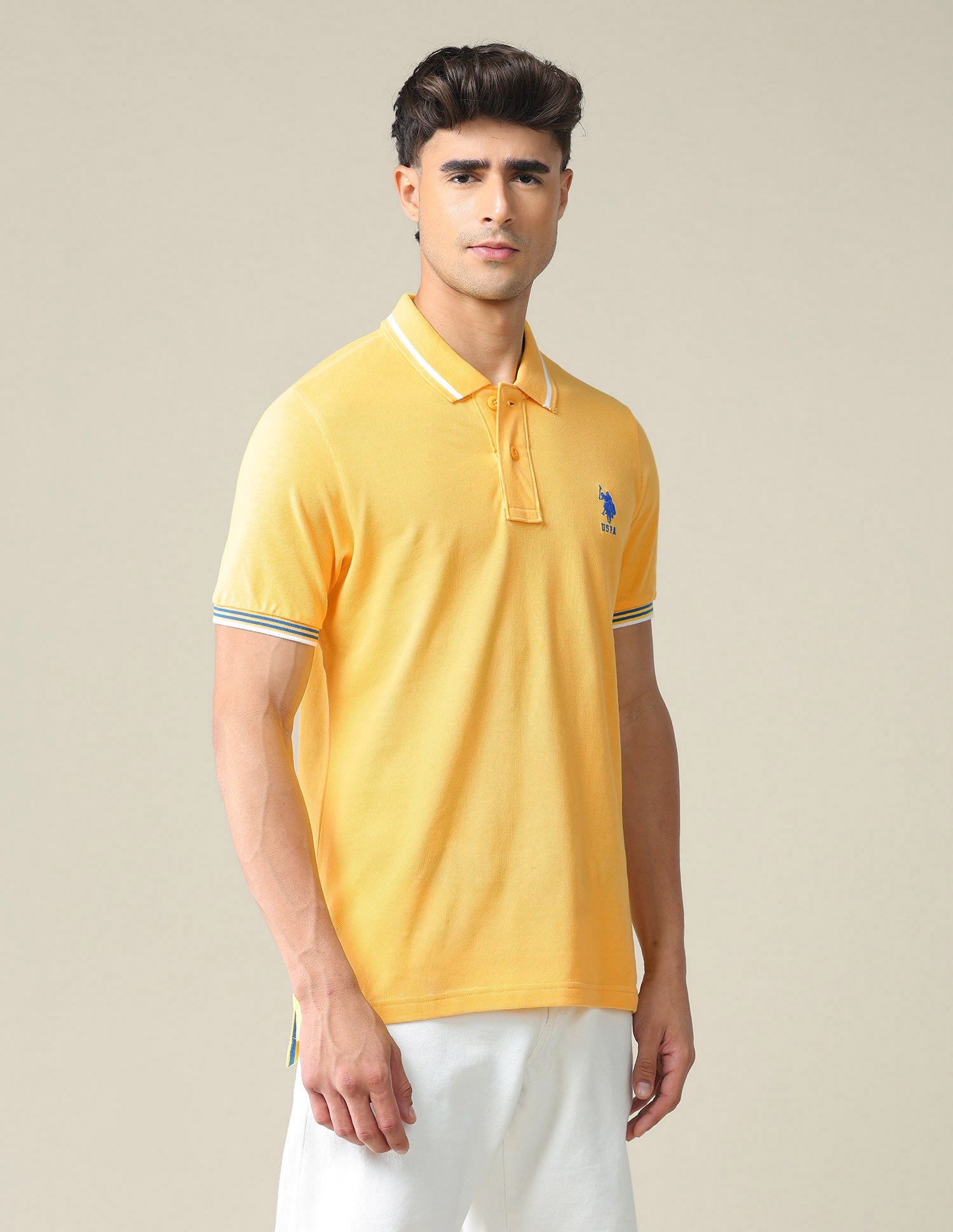 Striped Collar Pique Polo Shirt Mustard - U.S. POLO ASSN. | Large