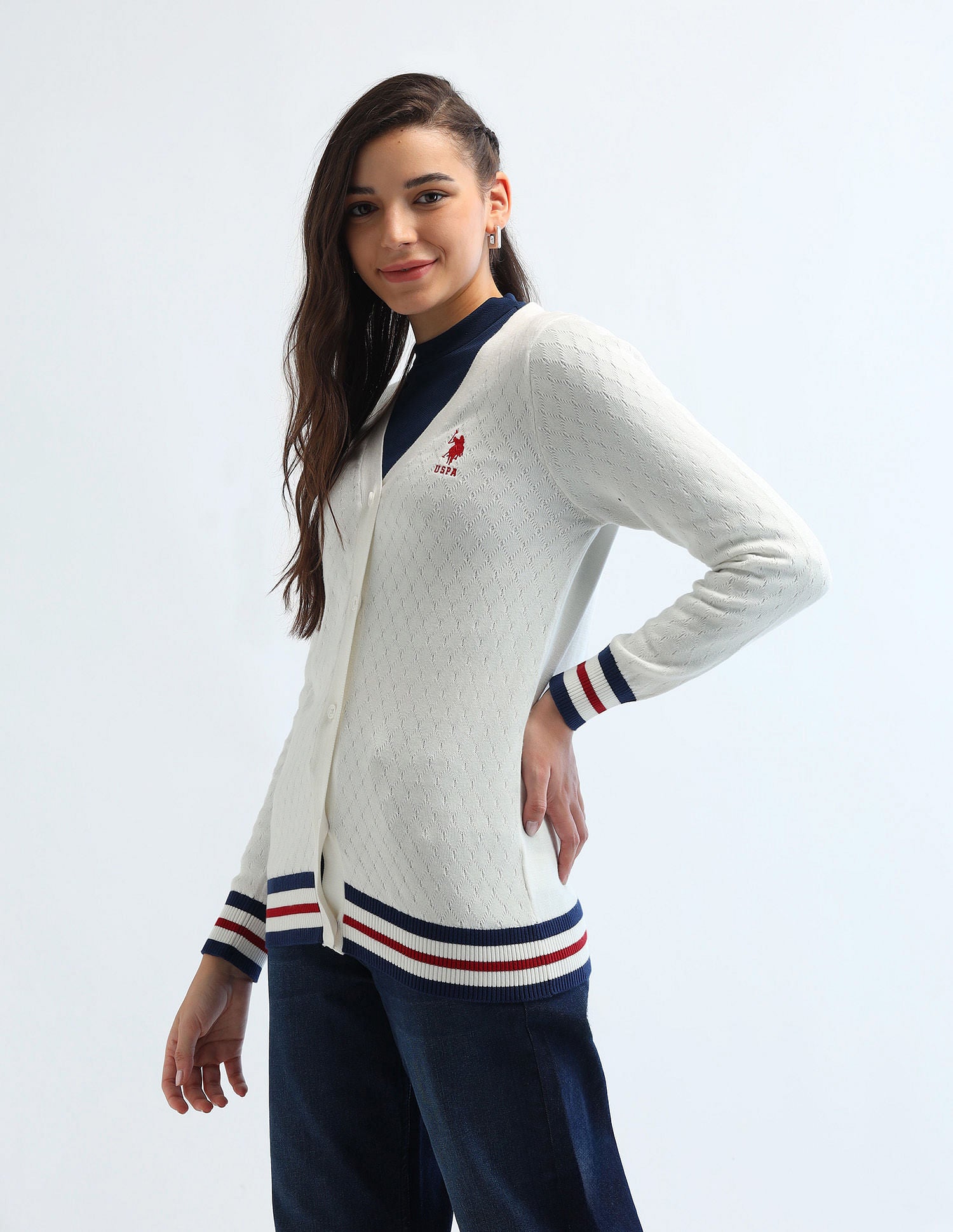 Cable Knit Tipped Cardigan Off White - U.S. Polo Assn. India | Large