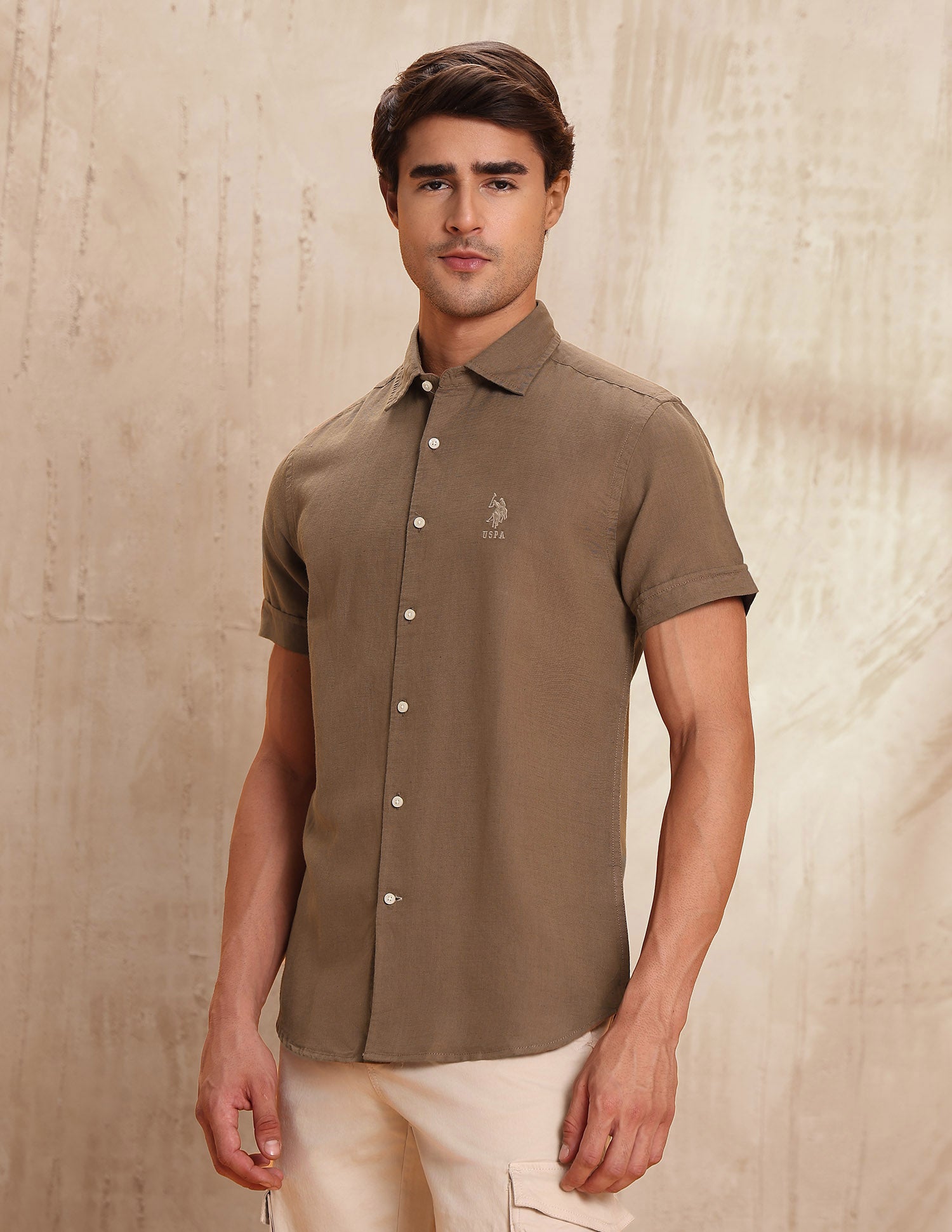 Solid Slim Fit Shirt Khaki - U.S. Polo Assn. India | Large