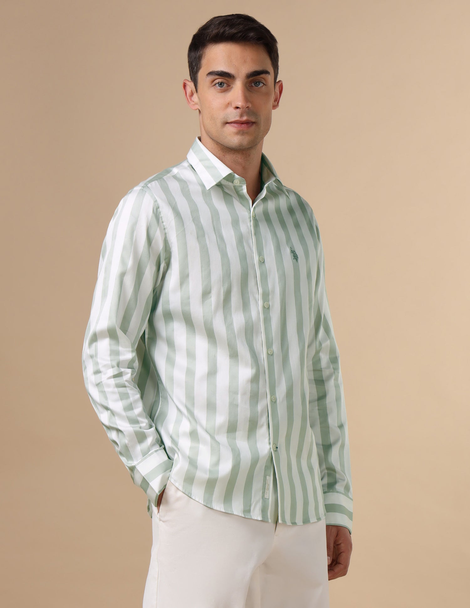 Vertical Striped Pure Cotton Shirt Light Green - U.S. POLO ASSN. | Large
