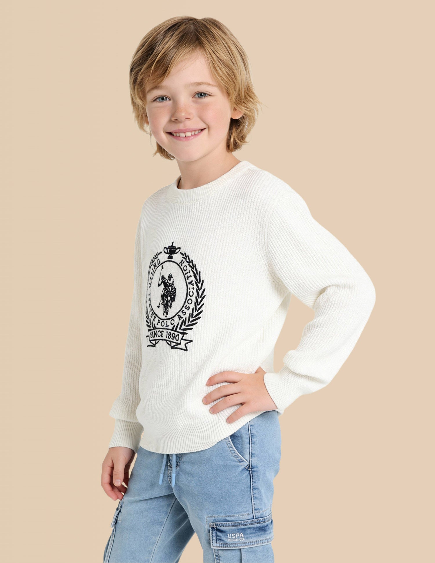 Boys Brand Embroidered Regular Fit Sweater White - U.S. Polo Assn. India | Large