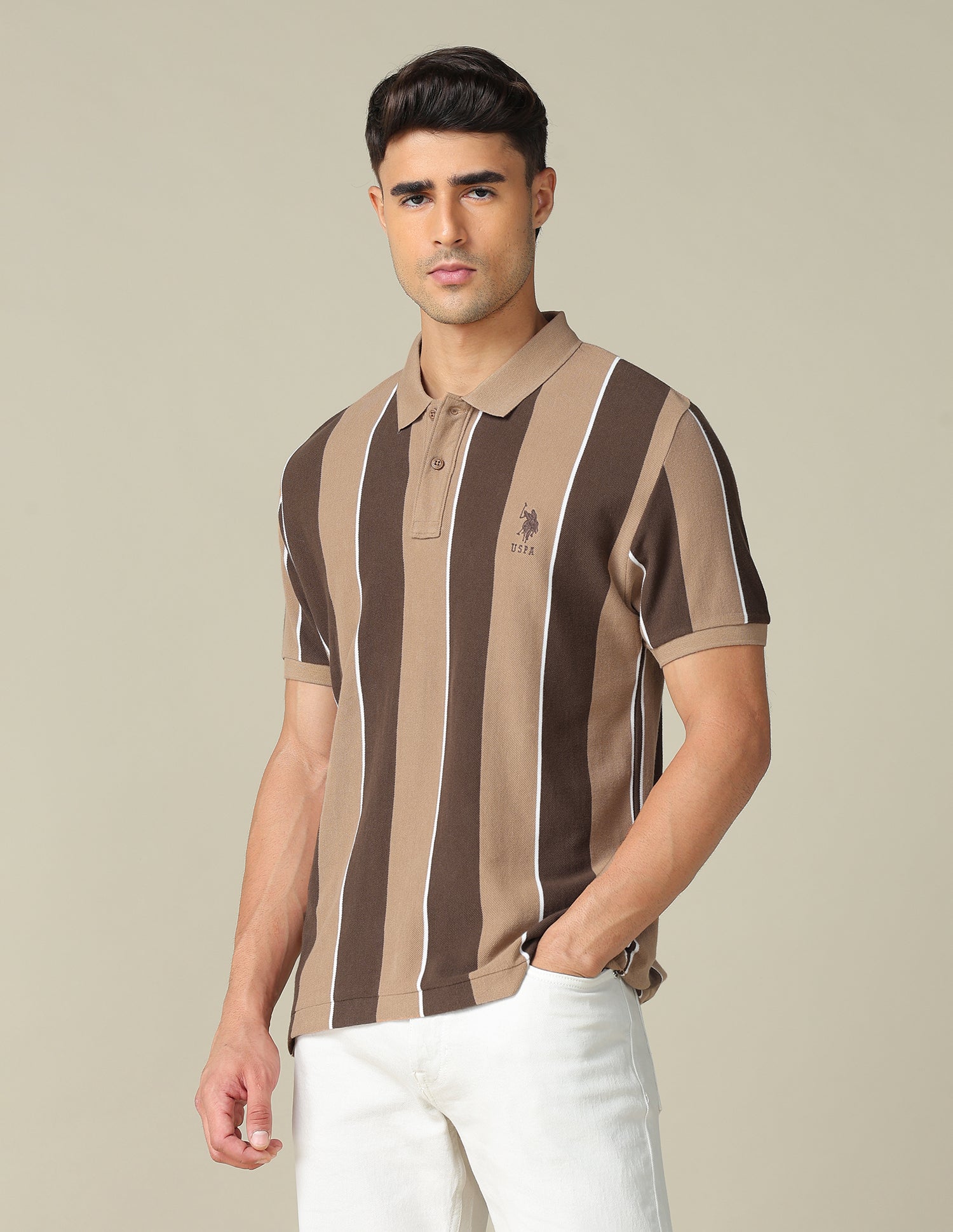Vertical Striped Regular Fit Polo Shirt Beige - U.S. POLO ASSN. | Large