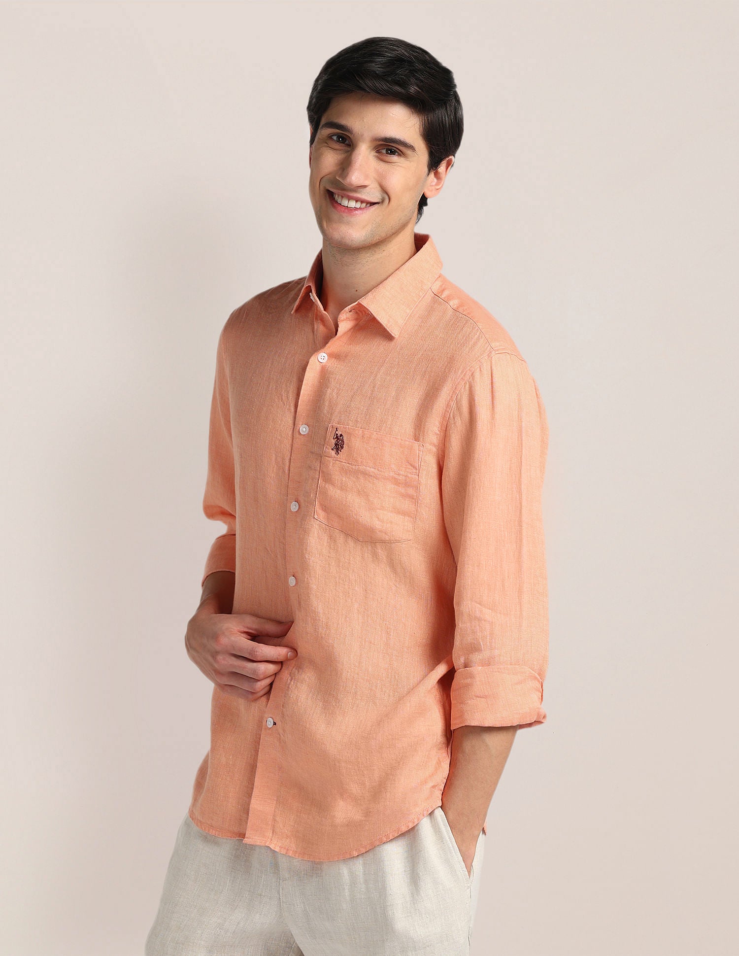 Solid Linen Shirt Orange - U.S. Polo Assn. India | Large