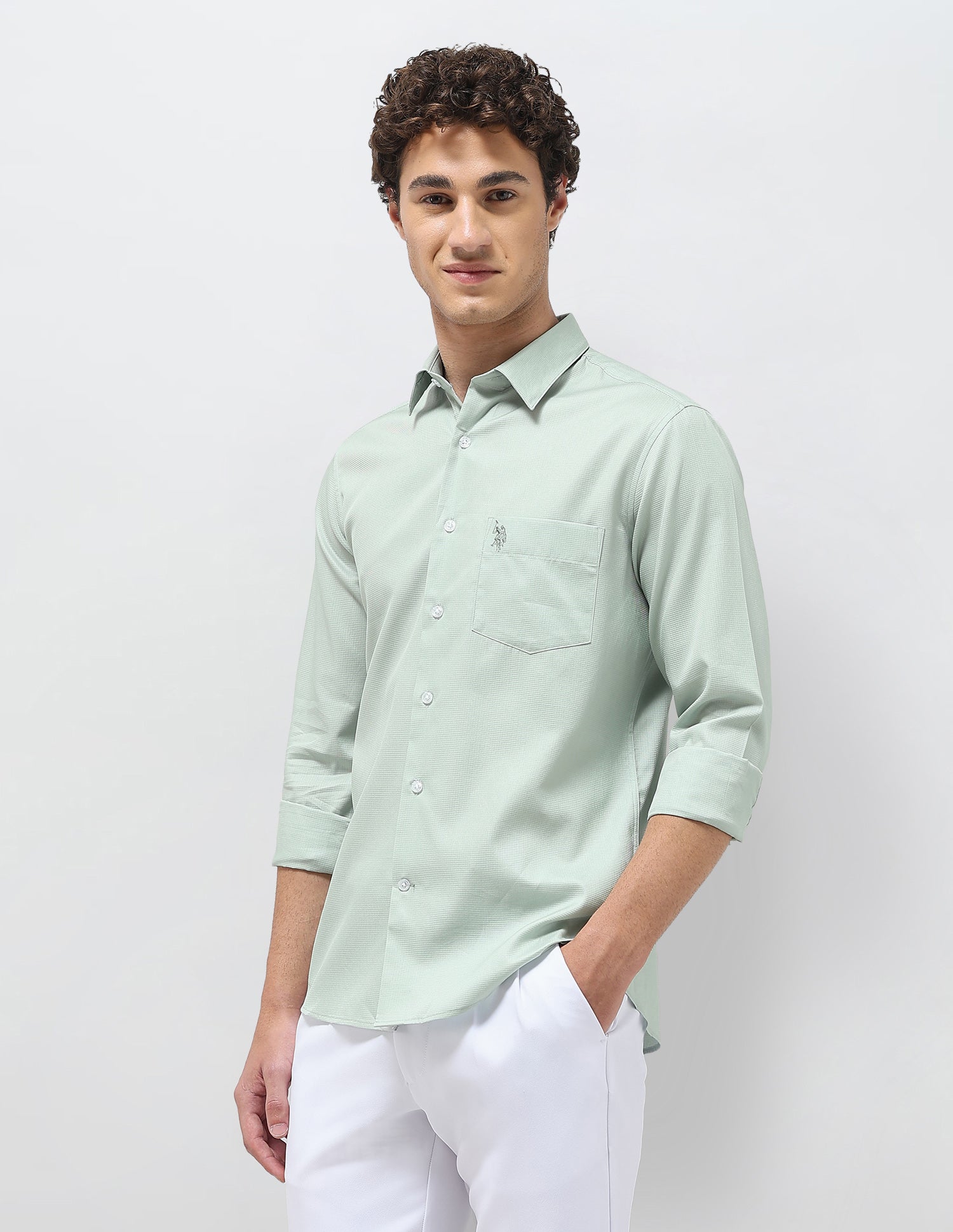Textured Regular Fit Shirt Light Green - U.S. Polo Assn. India | Large
