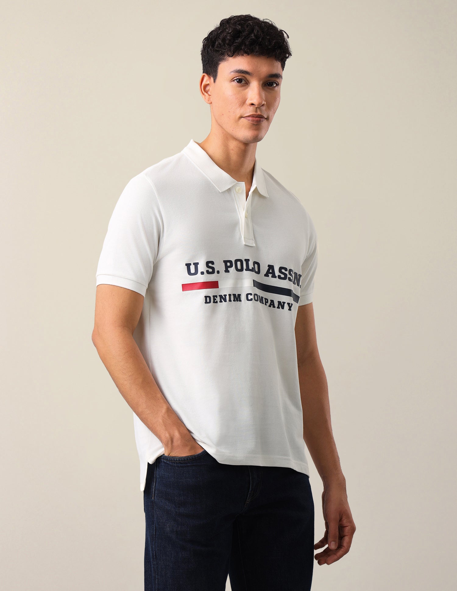 Brand Printed Slim Fit Polo Shirt Ivory - U.S. Polo Assn. India | Large