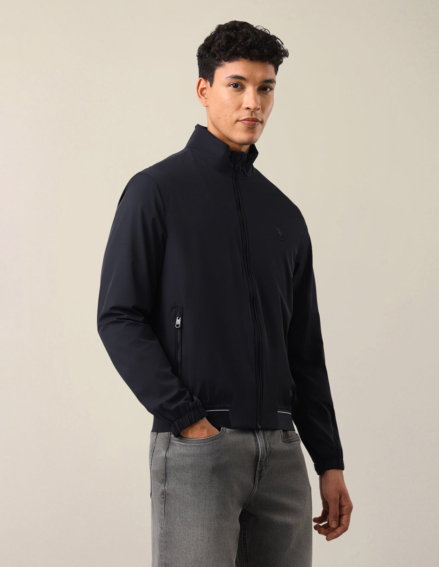 Solid Regular Fit Bomber Jacket Navy - U.S. Polo Assn. India | Large