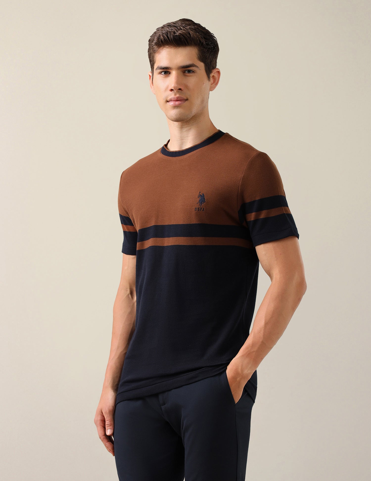 Colourblocked Slim Fit T-Shirt Brown - U.S. Polo Assn. India | Large