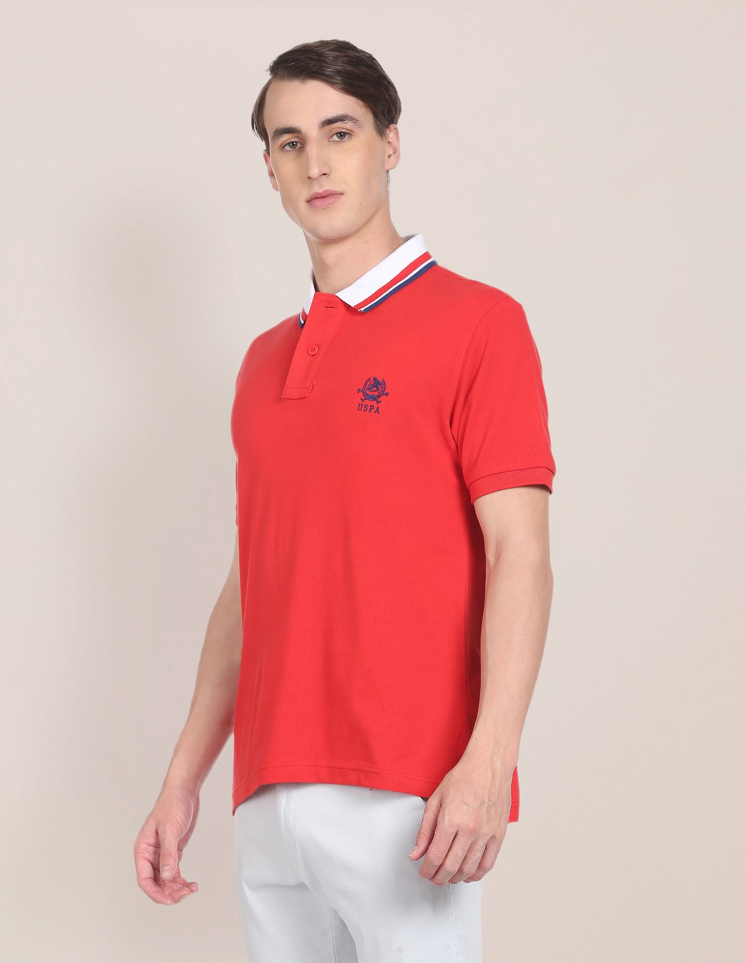 Ribbed Collar Brand Logo Polo Shirt Red - U.S. POLO ASSN. | Large