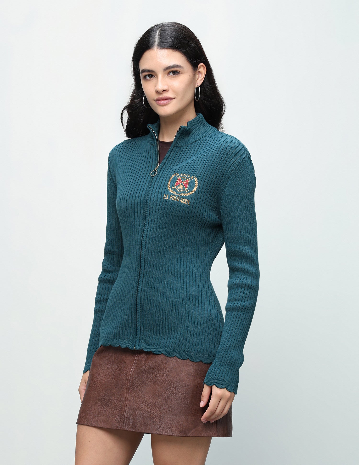 Patterned Knit Regular Fit Zipper Sweater Teal - U.S. Polo Assn. India | Large