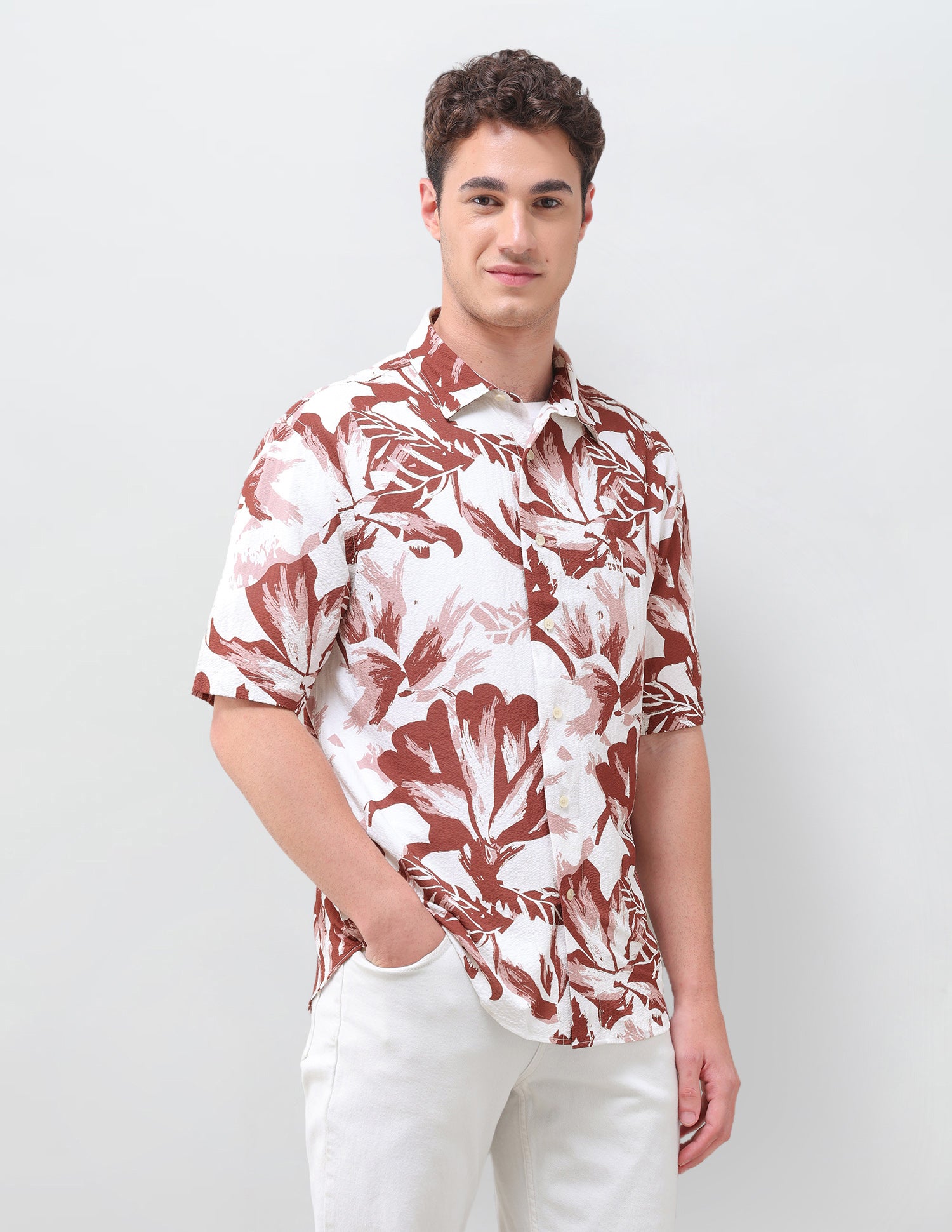 Floral Printed Crinkle Weave Shirt Rust - U.S. Polo Assn. India | Large