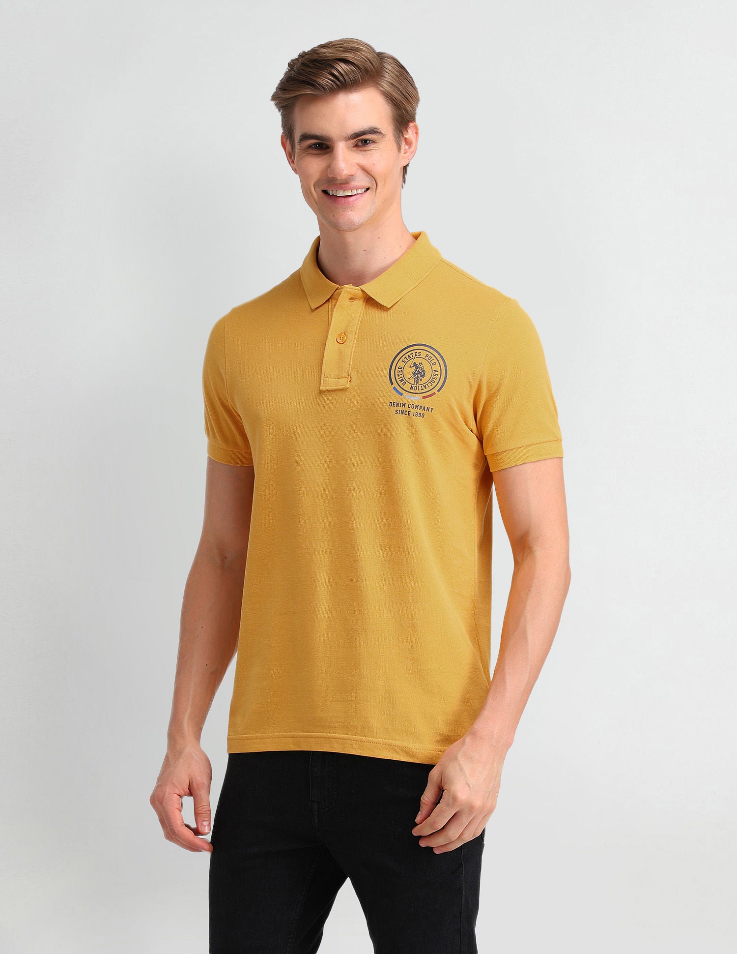 Pure Cotton Slim Fit Solid Polo Shirt Yellow - U.S. Polo Assn. India | Large