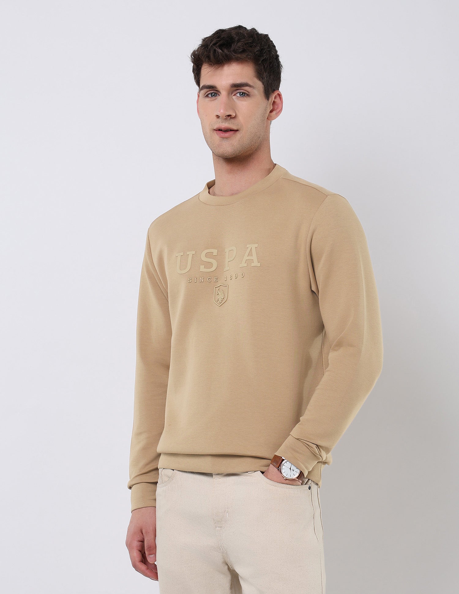 Brand Embossed Regular Fit Sweatshirt Beige - U.S. POLO ASSN. | Large